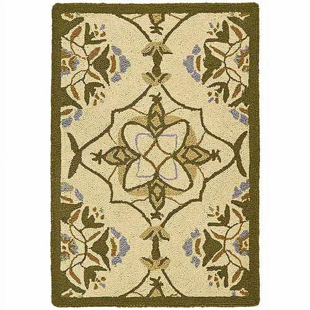 Ivory and Green Handmade Wool Geometric Area Rug 1'8" x 2'6"