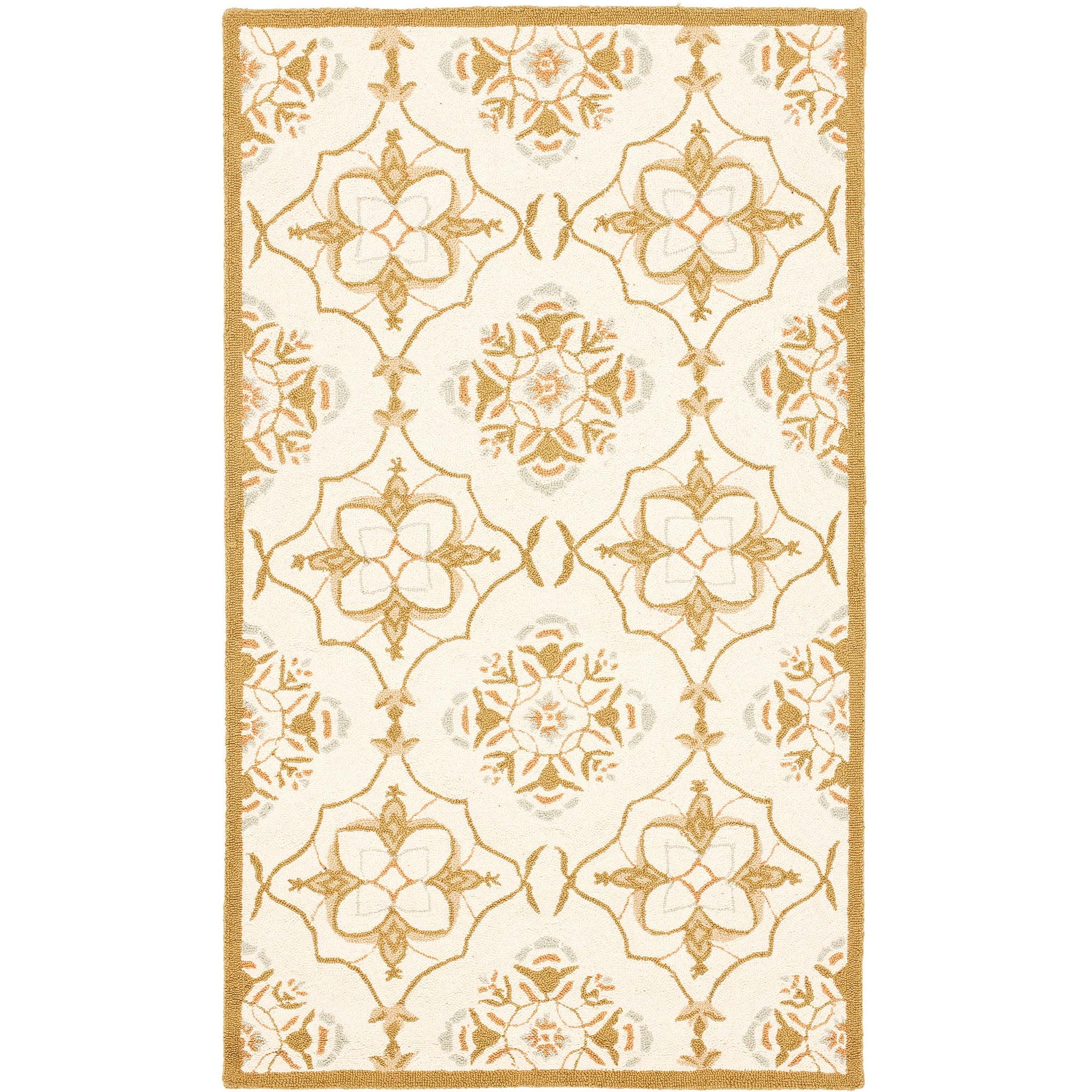 Ivory and Green Handmade Wool Area Rug