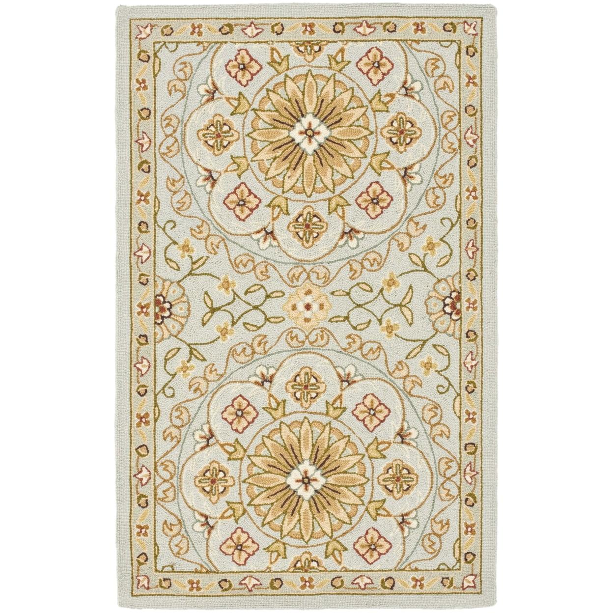 Teal and Green Floral Wool Hooked Rug, 3'9" x 5'9"