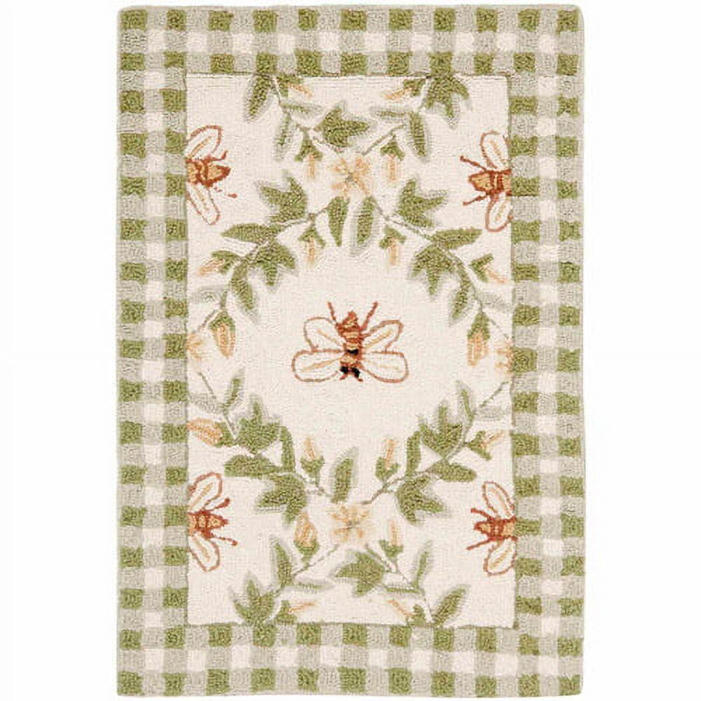 Handmade Ivory & Green Floral Round Wool Accent Rug - 20"