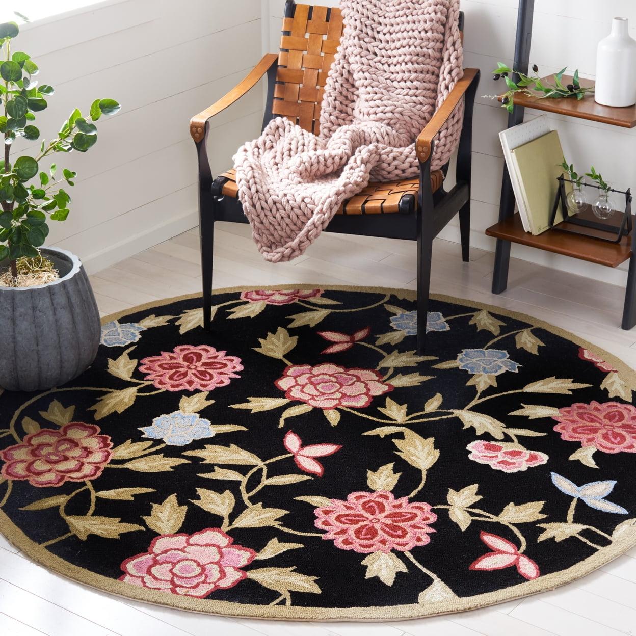 Handmade Black Wool Floral Tufted Area Rug, 5'3" x 8'3"