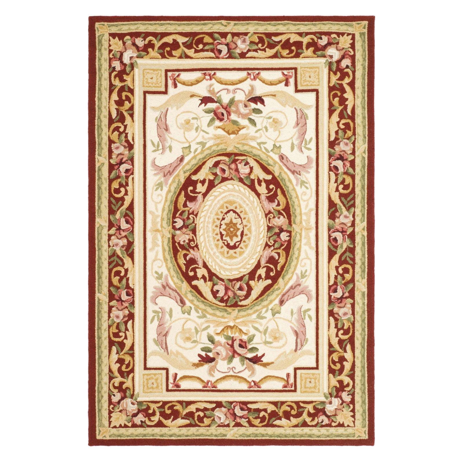 Elegant Ivory & Burgundy Hand-Knotted Wool Round Rug