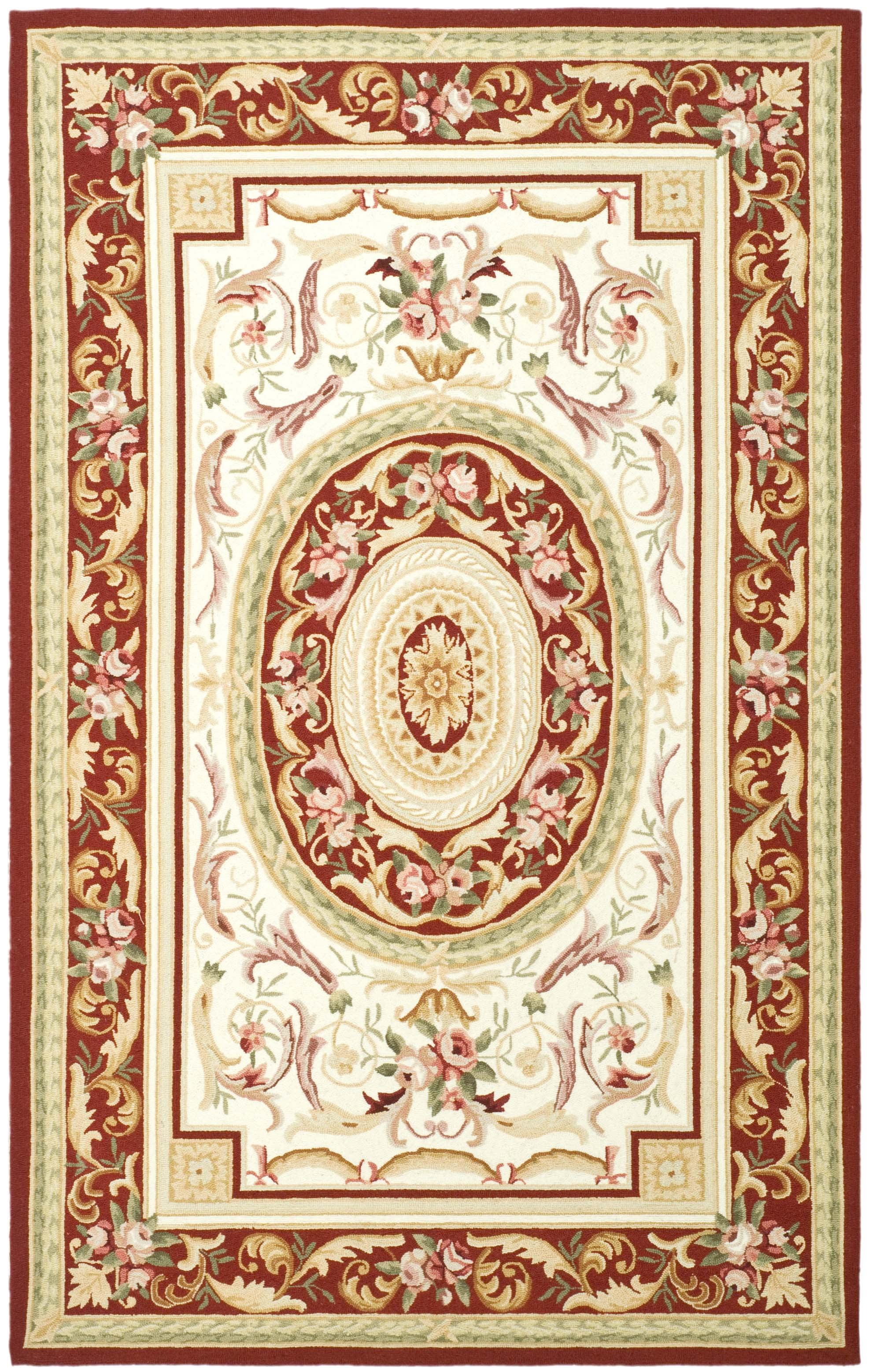 Elegant Ivory and Burgundy Floral Wool Area Rug 5'3" x 8'3"