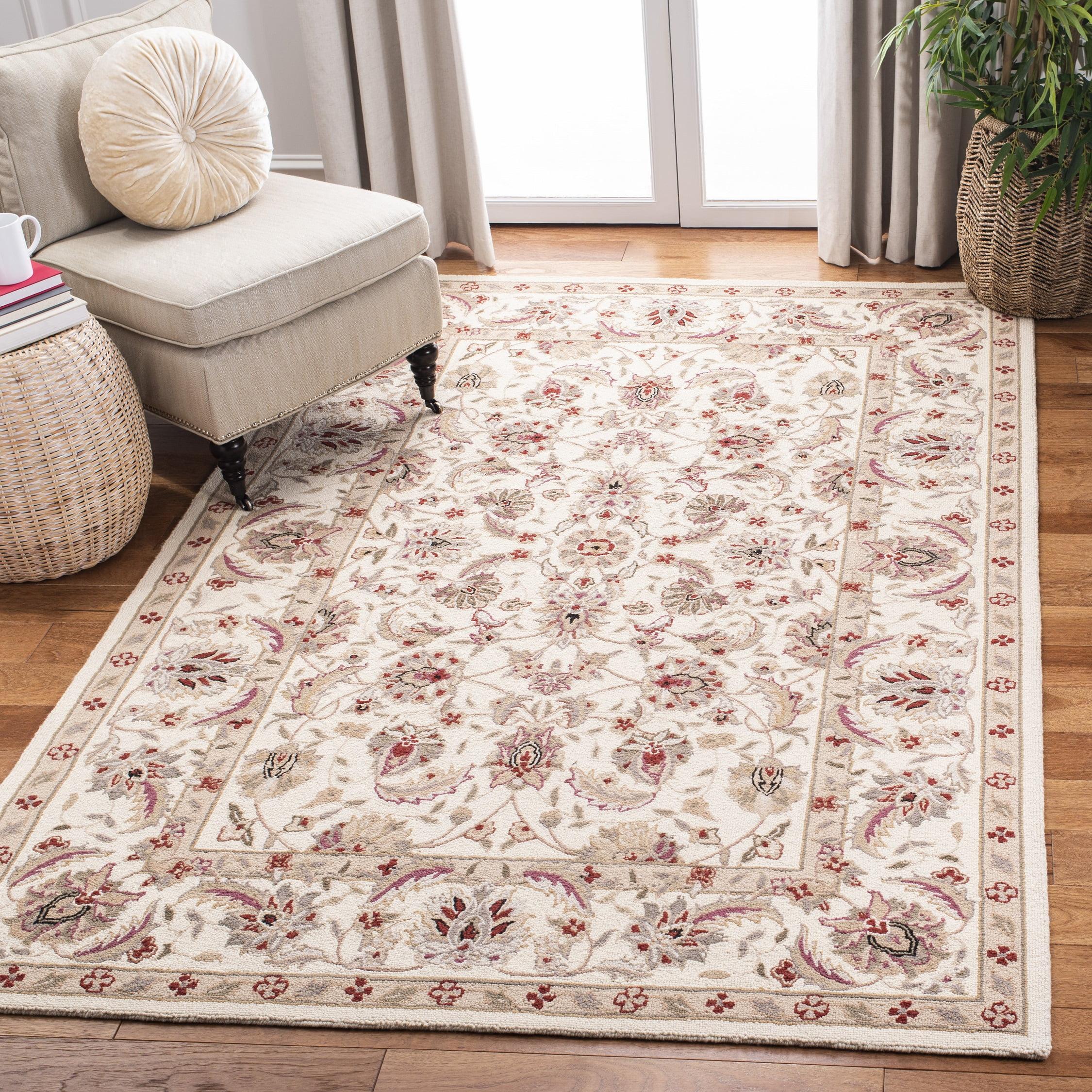 Ivory Floral Hand-Knotted Wool Area Rug