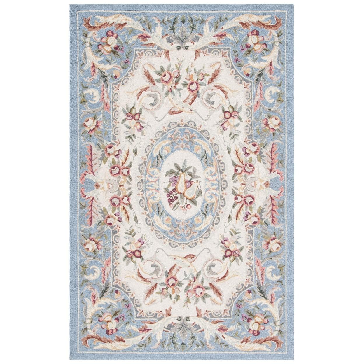 Blue Floral Hand-Hooked Wool Area Rug 5'3" x 8'3"