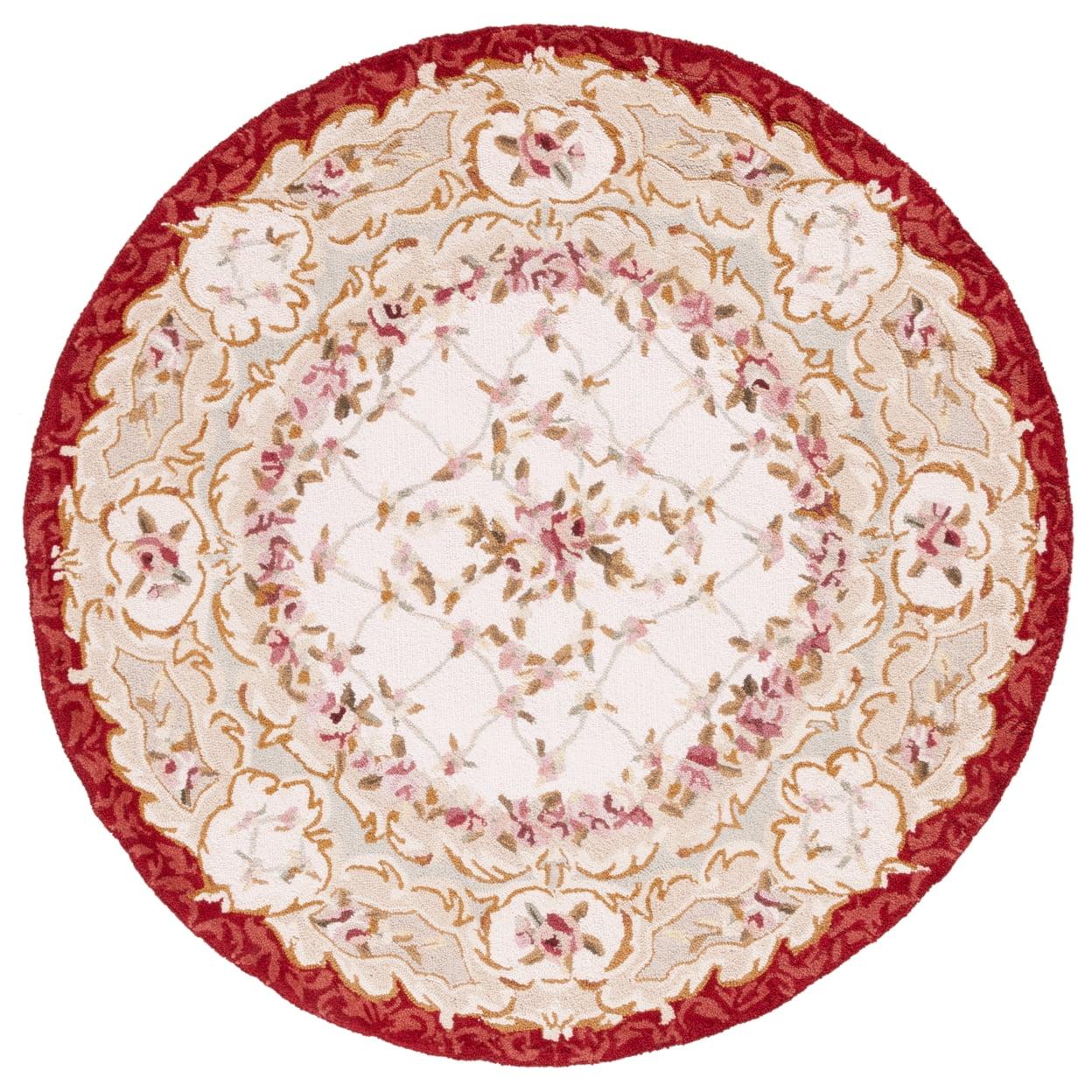 Ivory and Burgundy Floral Hand-Hooked Wool Round Rug