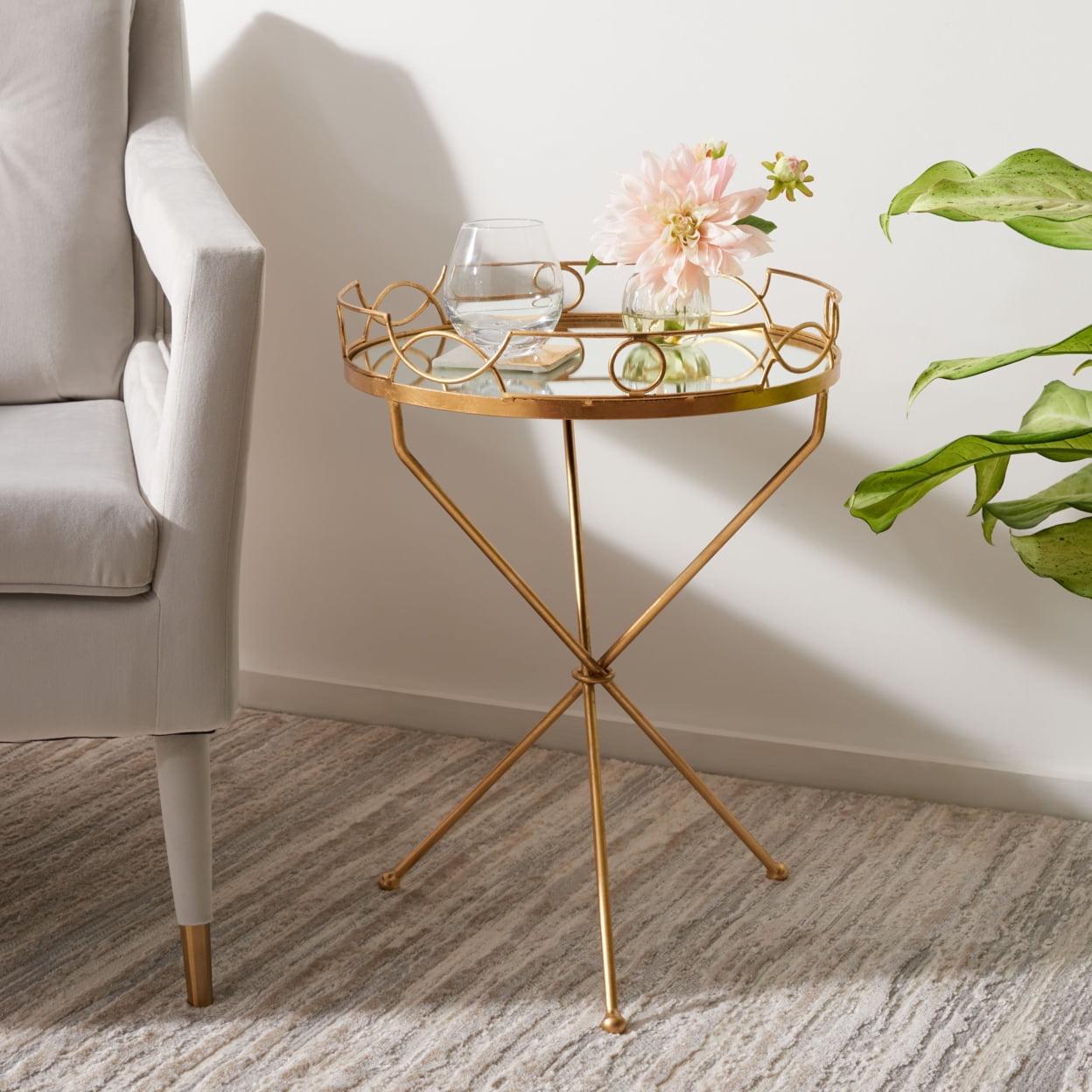 Gold Round Glass Mirrored End Table with Filigree Ironwork