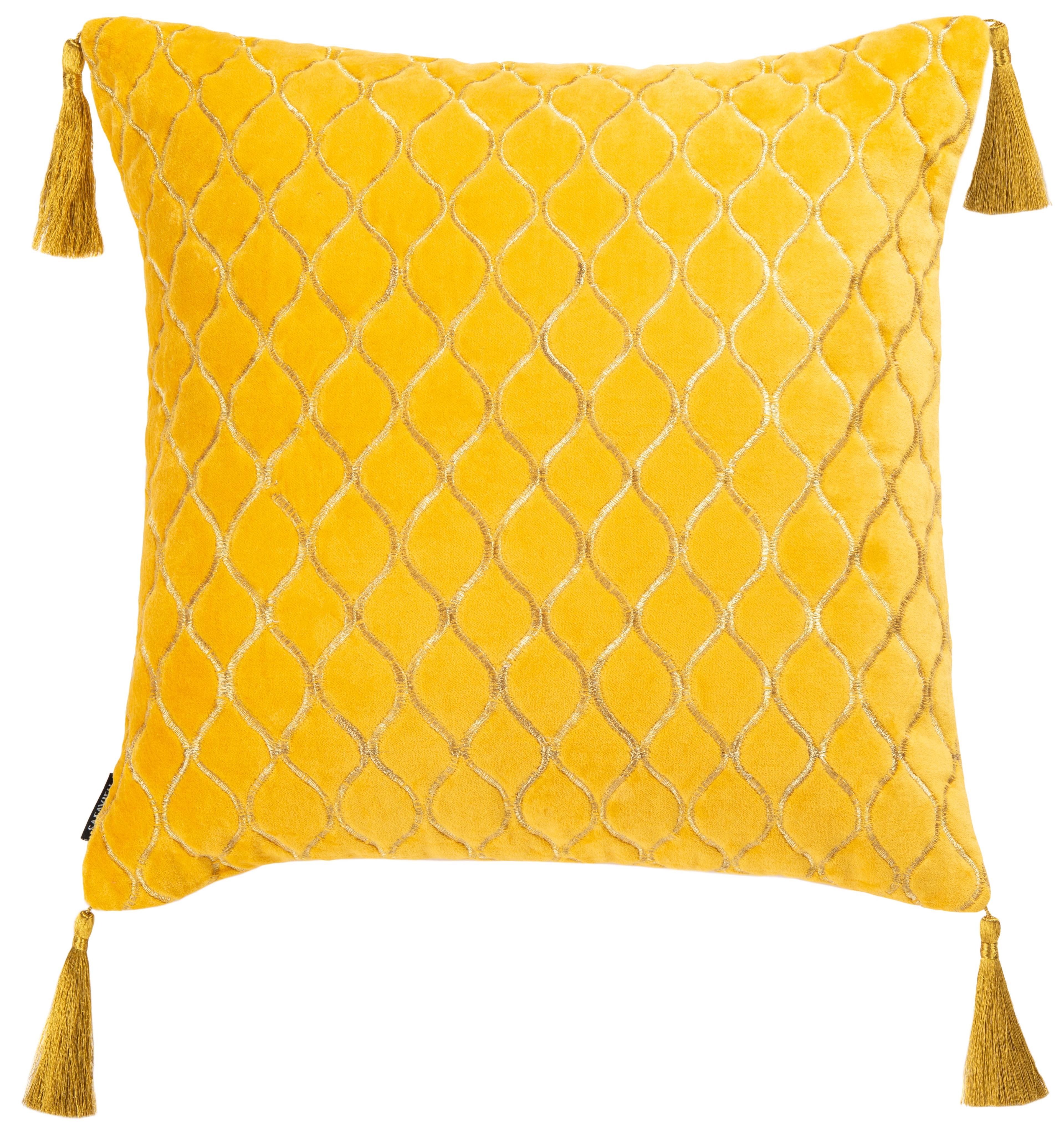 Yellow Cotton Velvet Square Pillow with Tassels