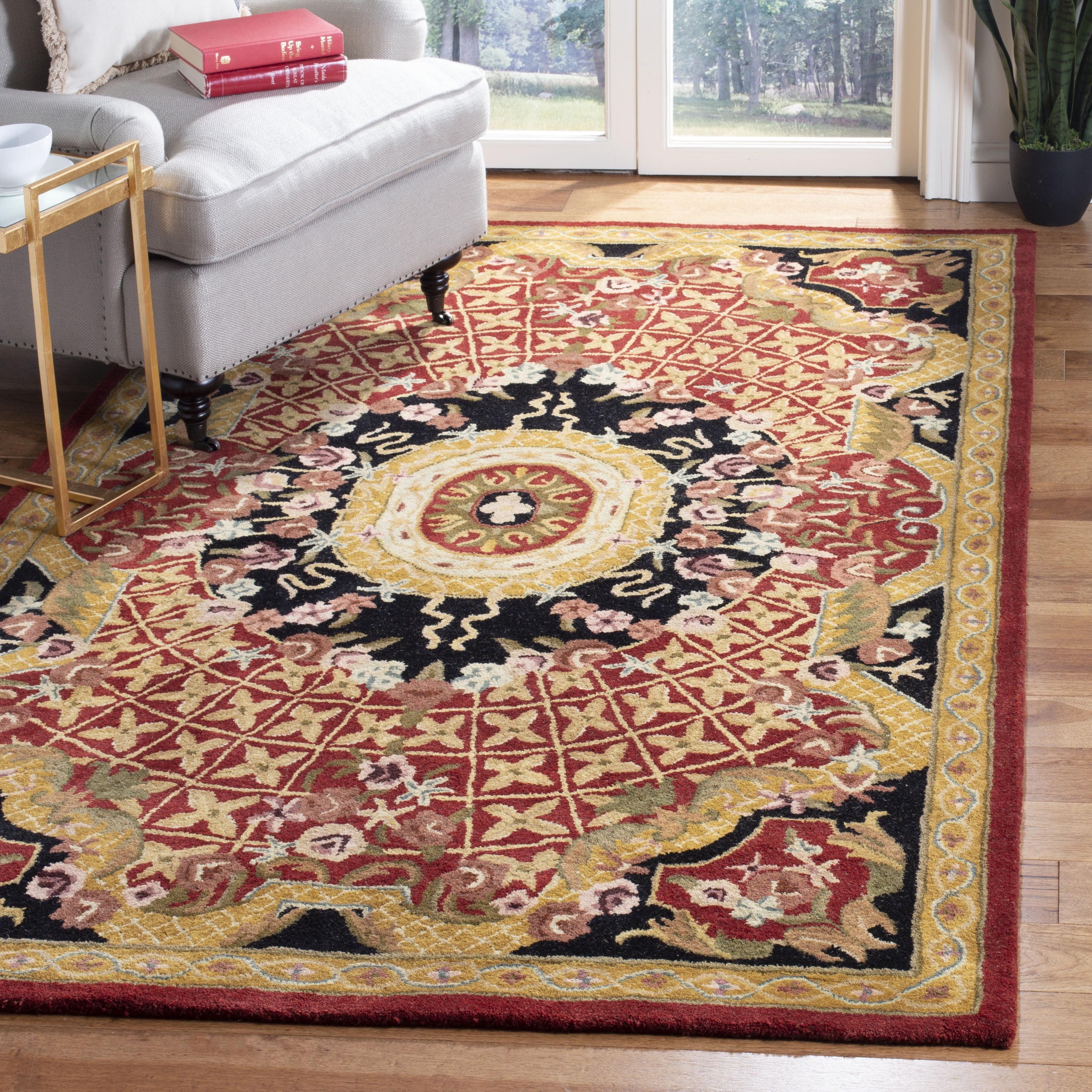 SAFAVIEH Classic Chandler Floral Bordered Wool Area Rug, Burgundy/Black, 9'6" x 13'6"