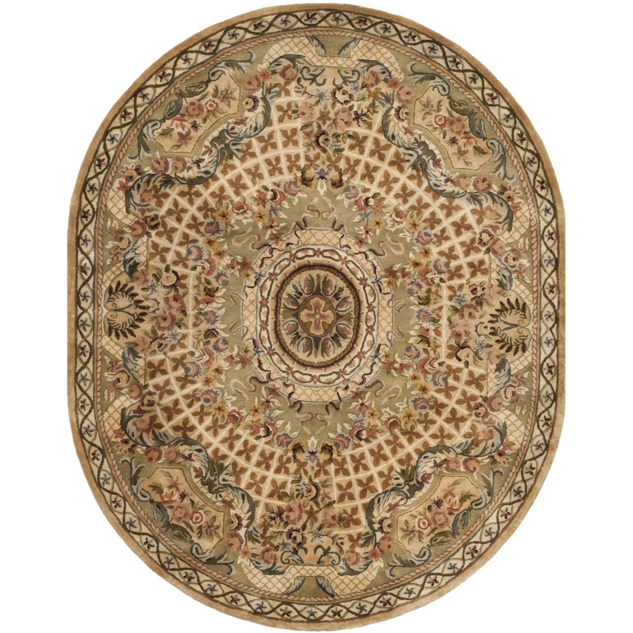 SAFAVIEH Classic Chandler Floral Bordered Wool Area Rug, Taupe/Light Green, 7'6" x 9'6" Oval