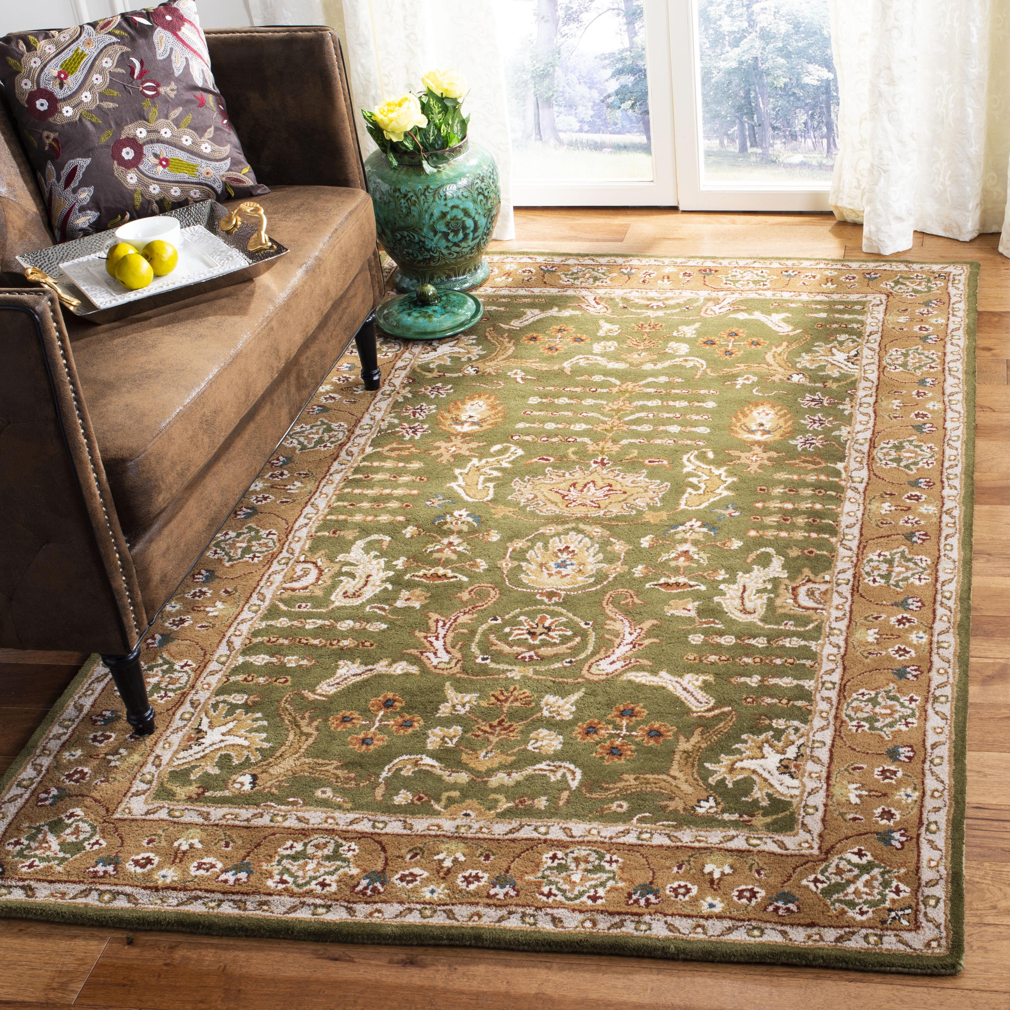 Ivory and Green Hand-Tufted Wool Oriental Rug