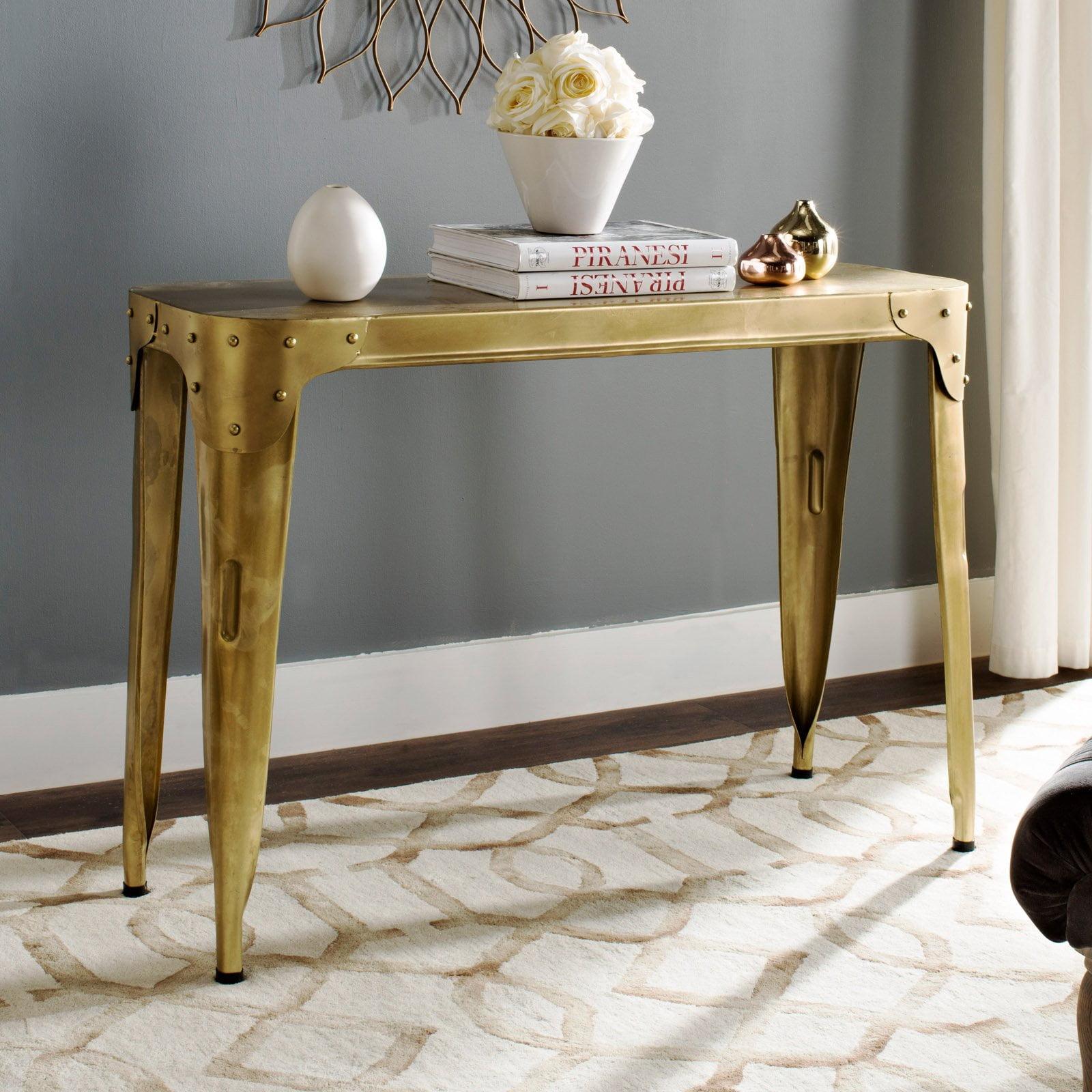 Transitional Gold Metal Console Table with Riveted Detailing
