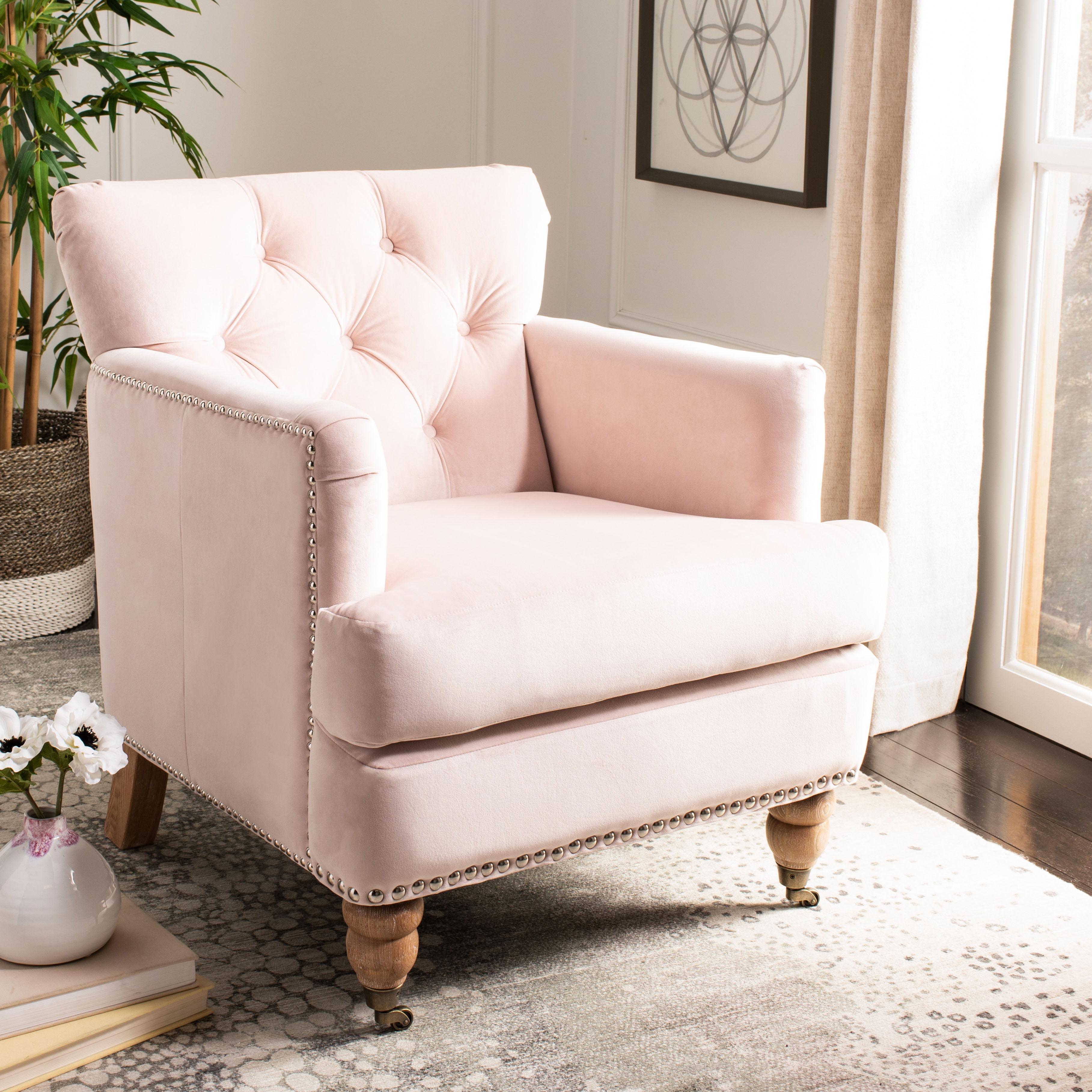 SAFAVIEH Colin Industrial Tufted Club Chair with Casters, Blush Pink/White Wash