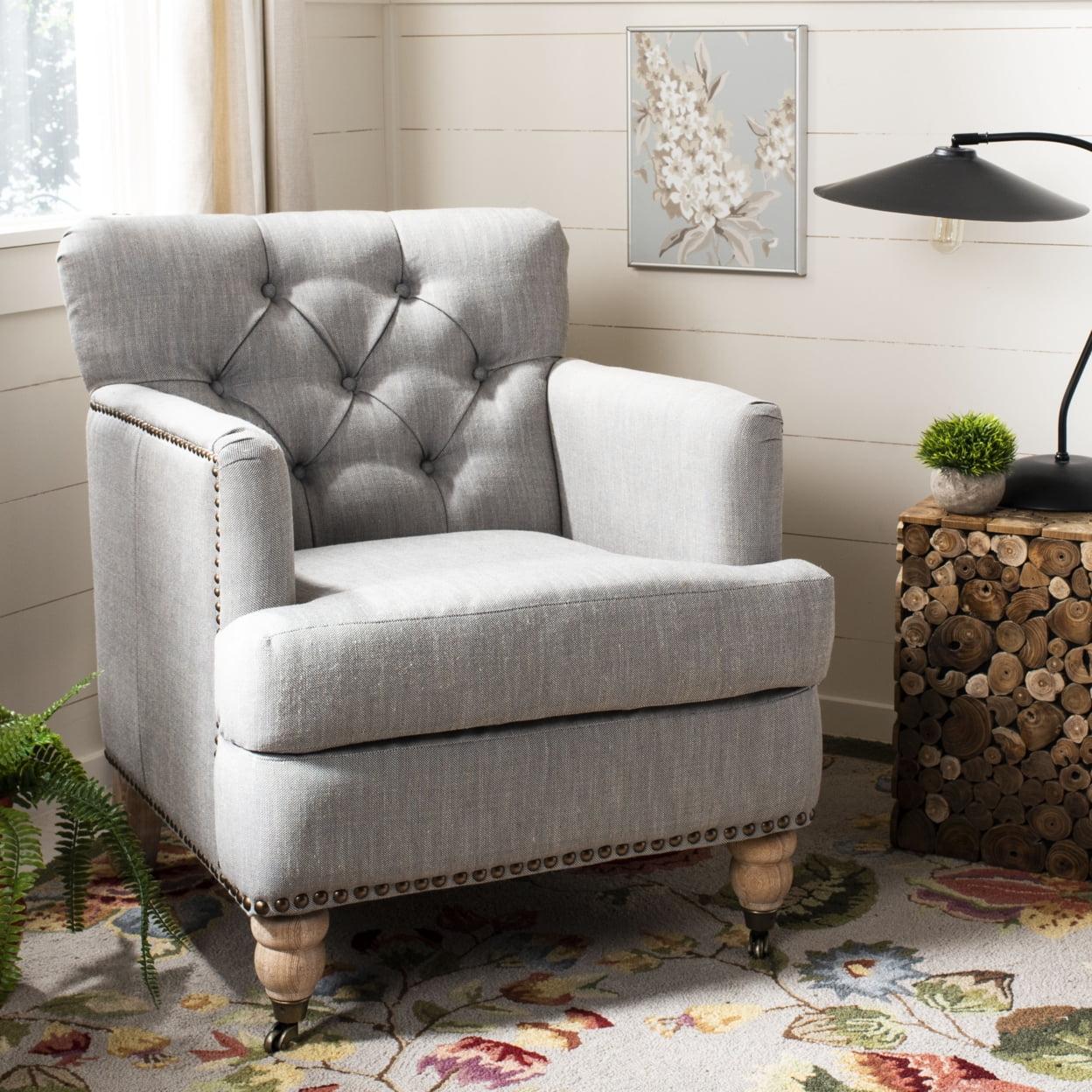 Colin Stone Grey Leather and Wood Contemporary Armchair