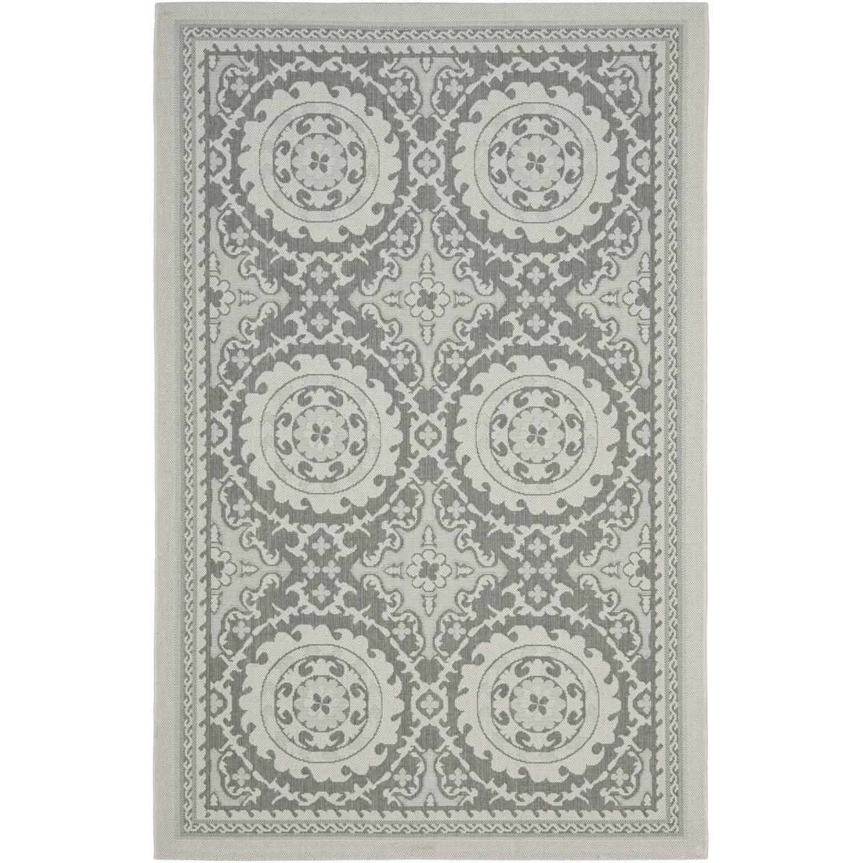 Light Grey and Anthracite Floral Motif Outdoor Area Rug