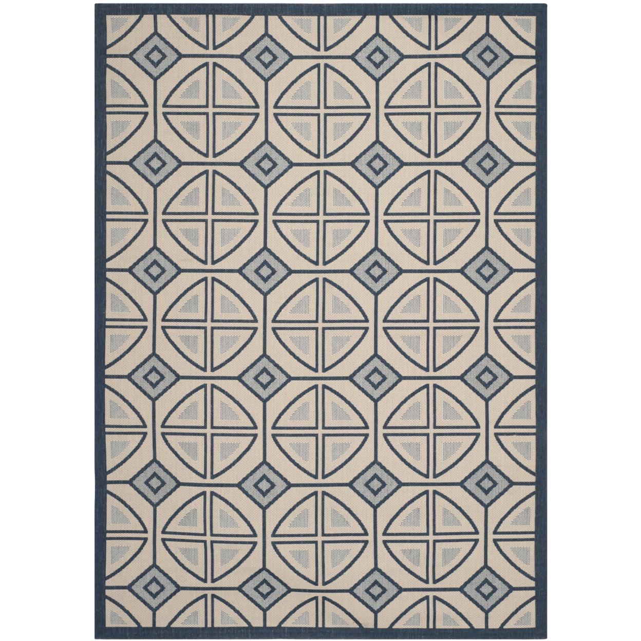 Beige and Navy Geometric Synthetic Outdoor Area Rug, 5' x 7'