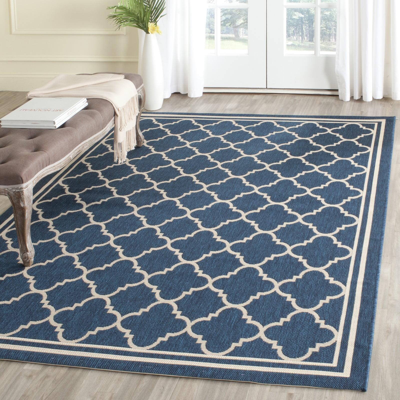 Reversible Navy & Beige Geometric Synthetic 4' Square Rug