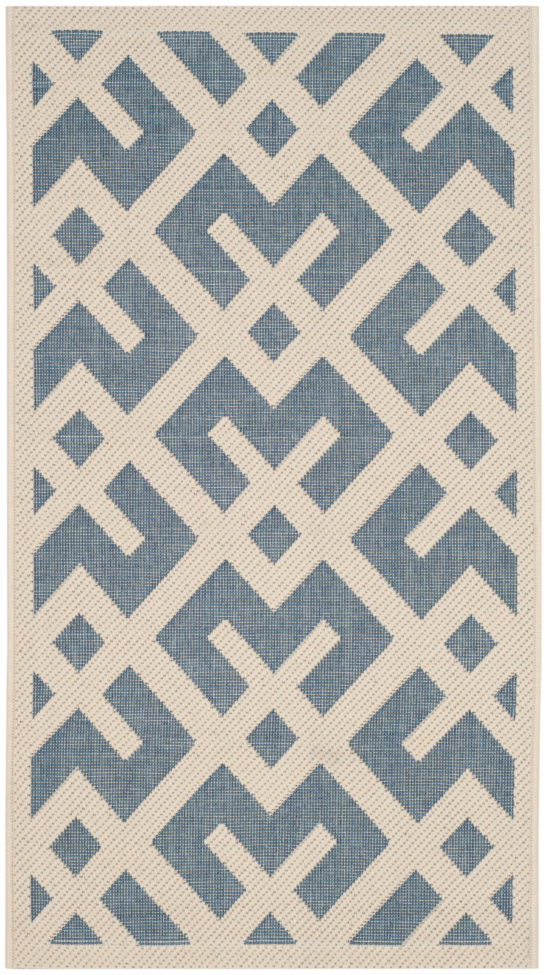 Blue and Bone Geometric Indoor/Outdoor Area Rug 2' x 3'7"