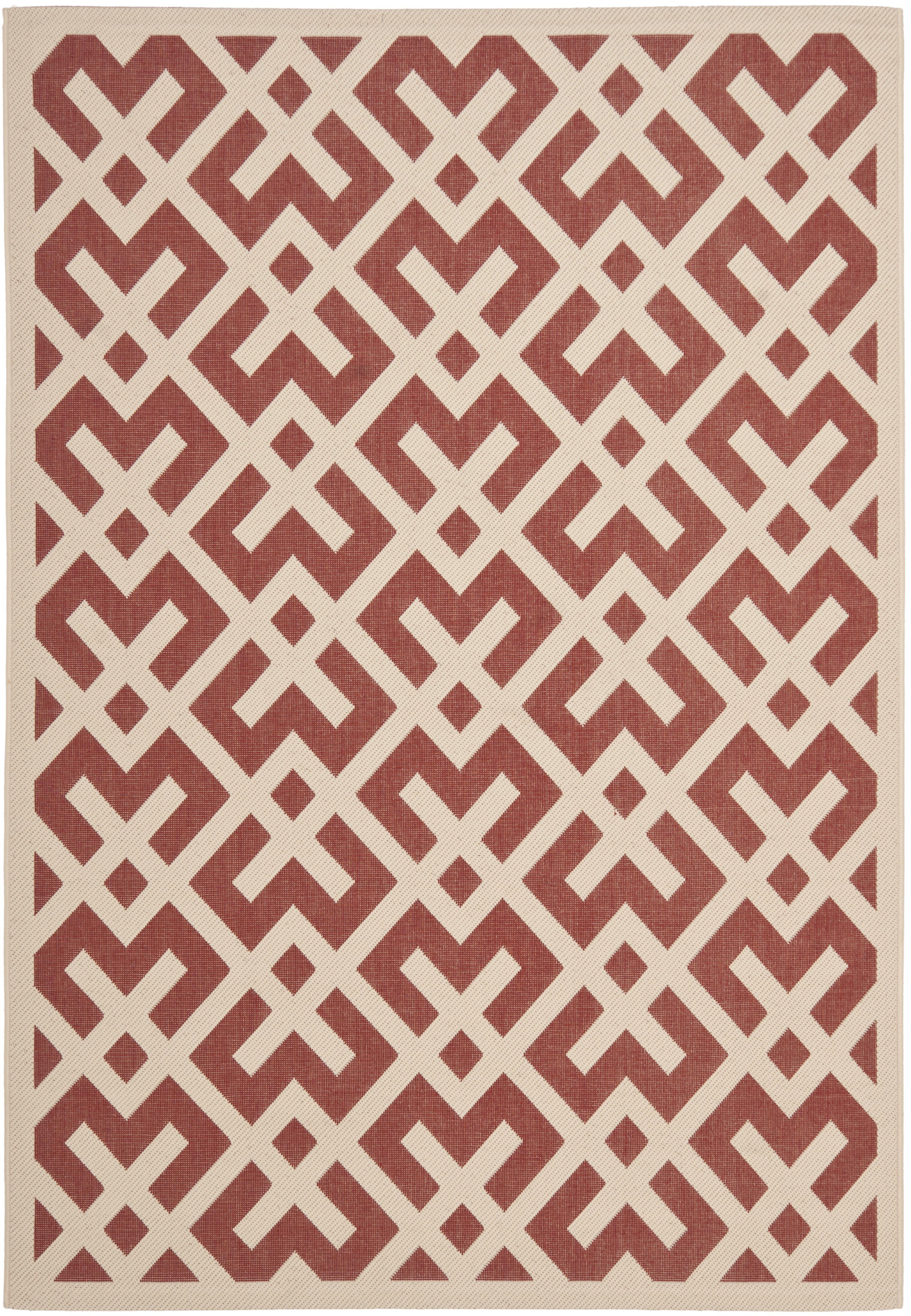 Red and Bone Geometric 4' x 5'7" Synthetic Indoor/Outdoor Rug