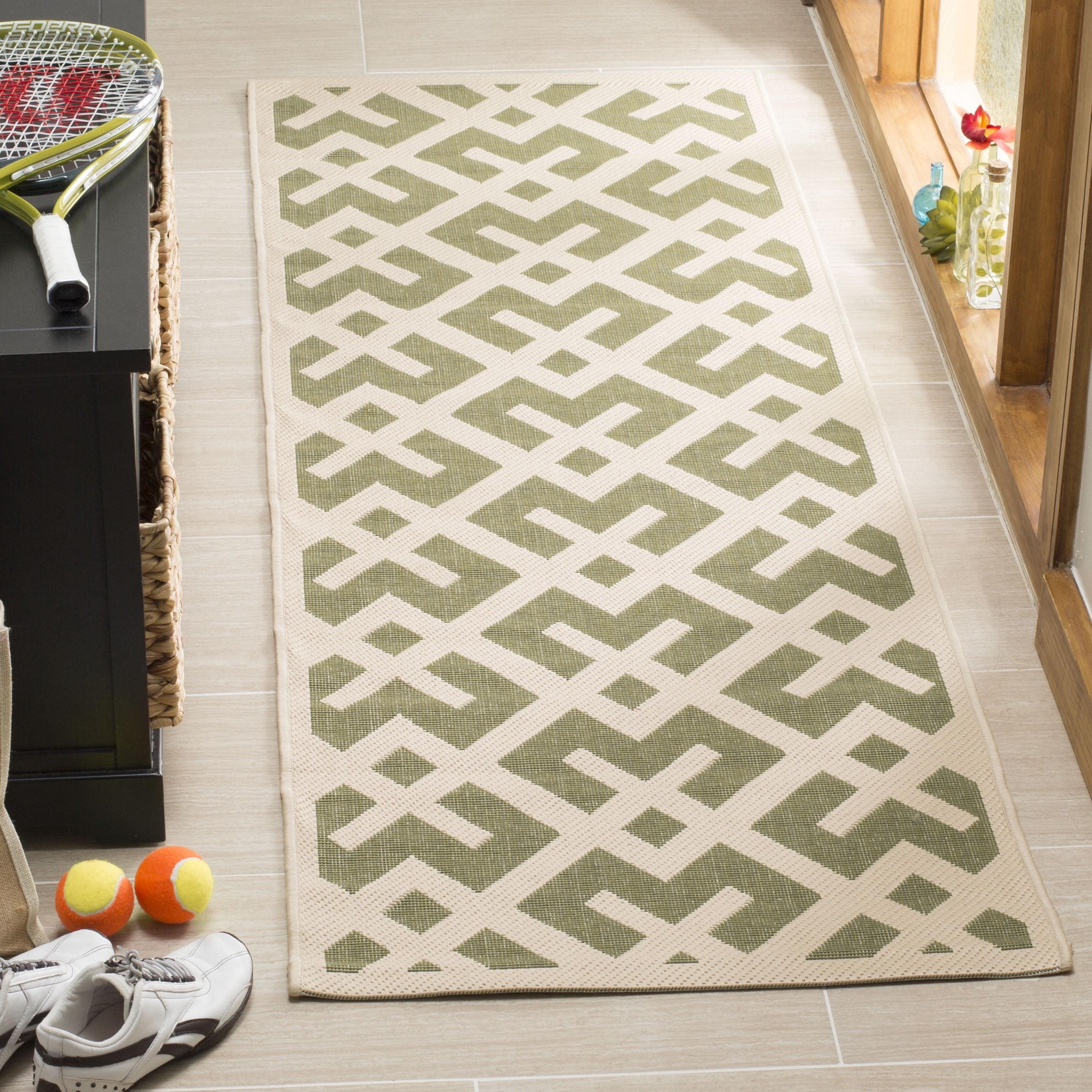 SAFAVIEH Courtyard Alvin Geometric Indoor/Outdoor Runner Rug, 2'3" x 10', Green/Bone