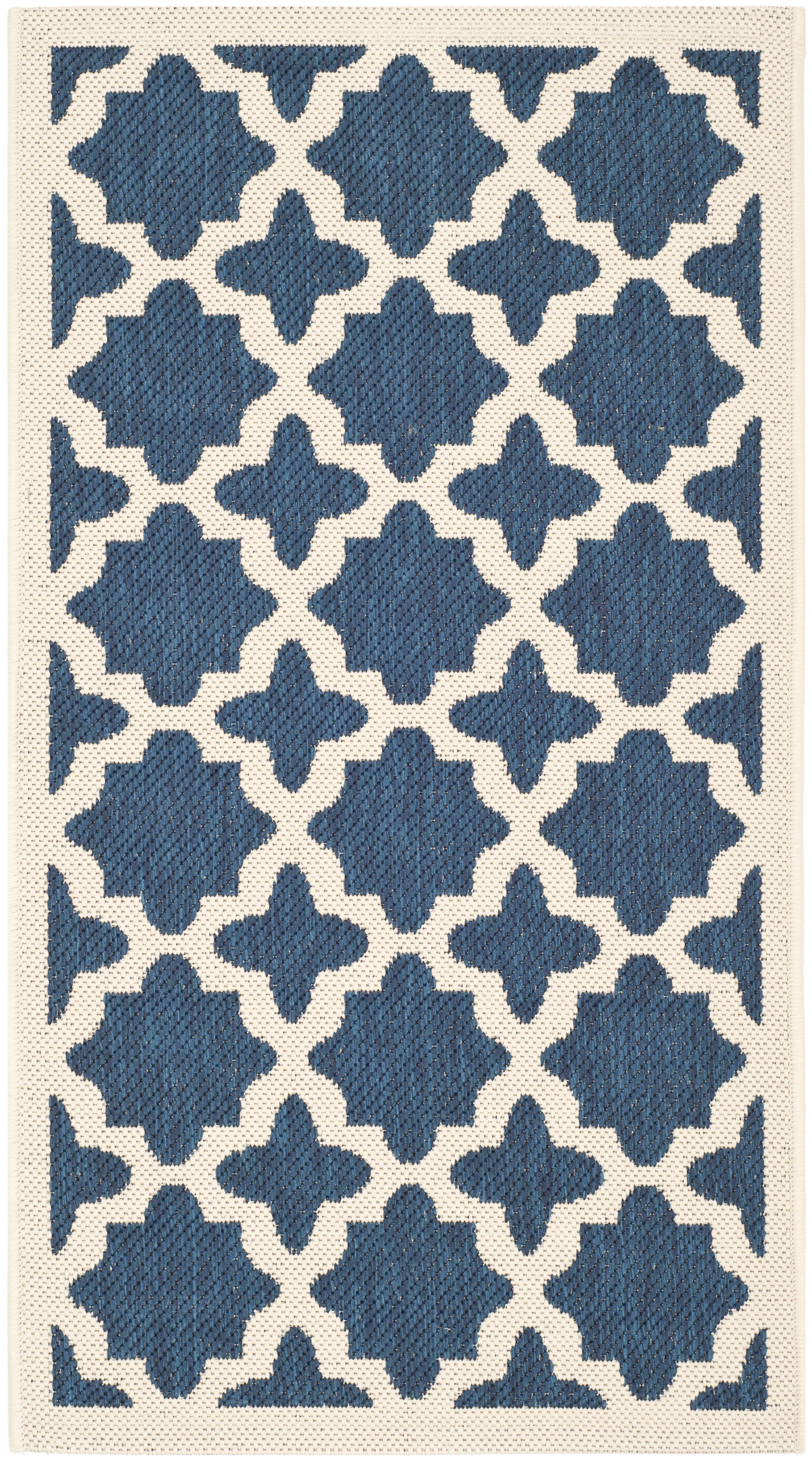 Navy and Beige Round Stain-Resistant Synthetic Area Rug