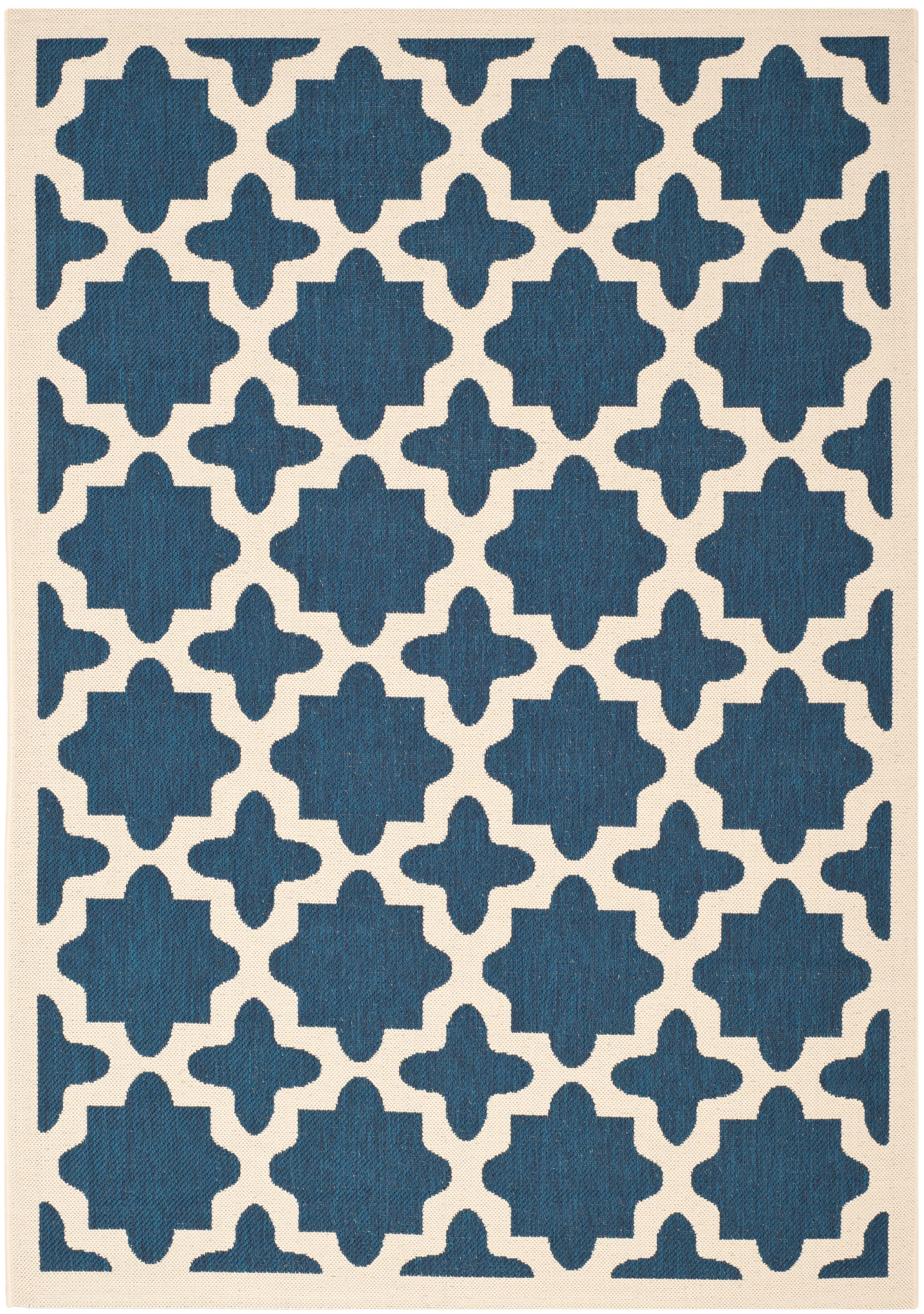 Navy and Beige Synthetic Easy-Care Indoor/Outdoor Area Rug 6'7" x 9'6"