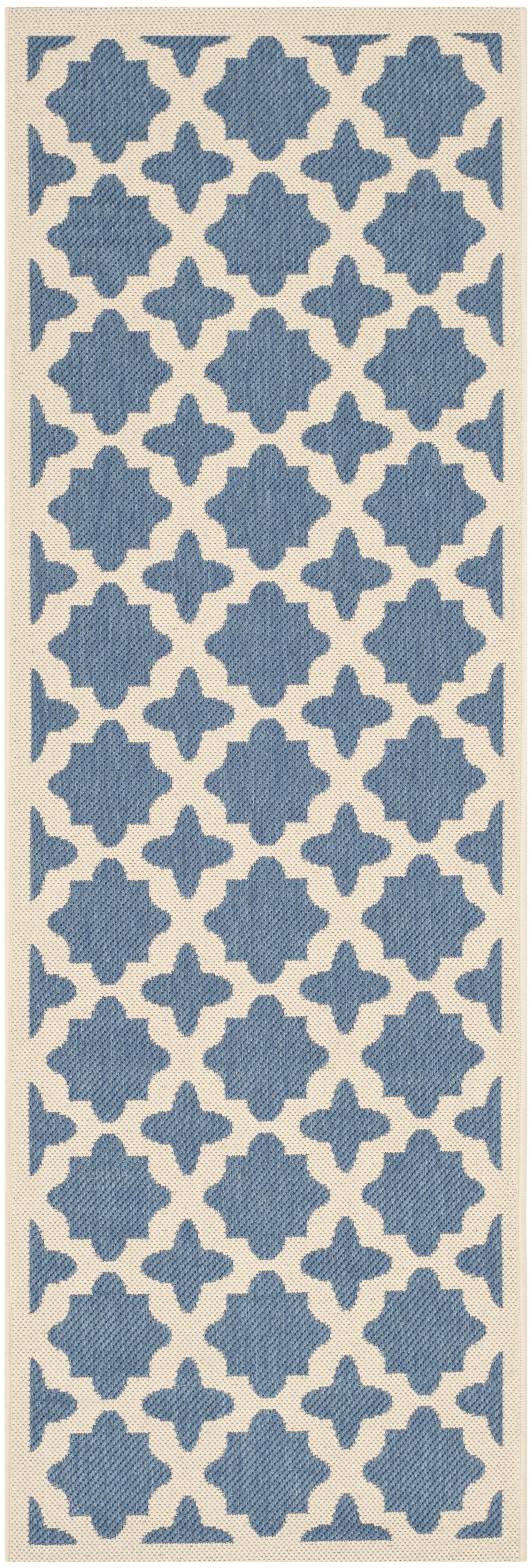 Elegant Blue and Beige 27'' x 120'' Synthetic Indoor/Outdoor Runner Rug