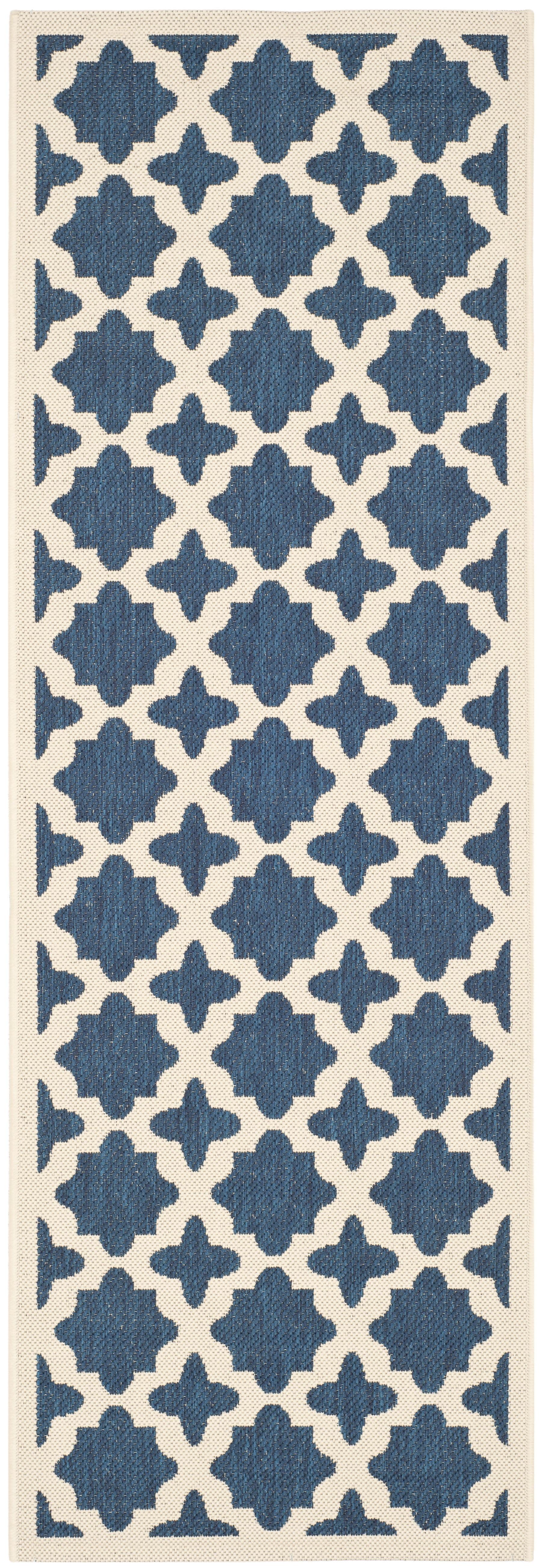 SAFAVIEH Courtyard Amanda Geometric Indoor/Outdoor Runner Rug, Navy/Beige, 2'3" x 12'