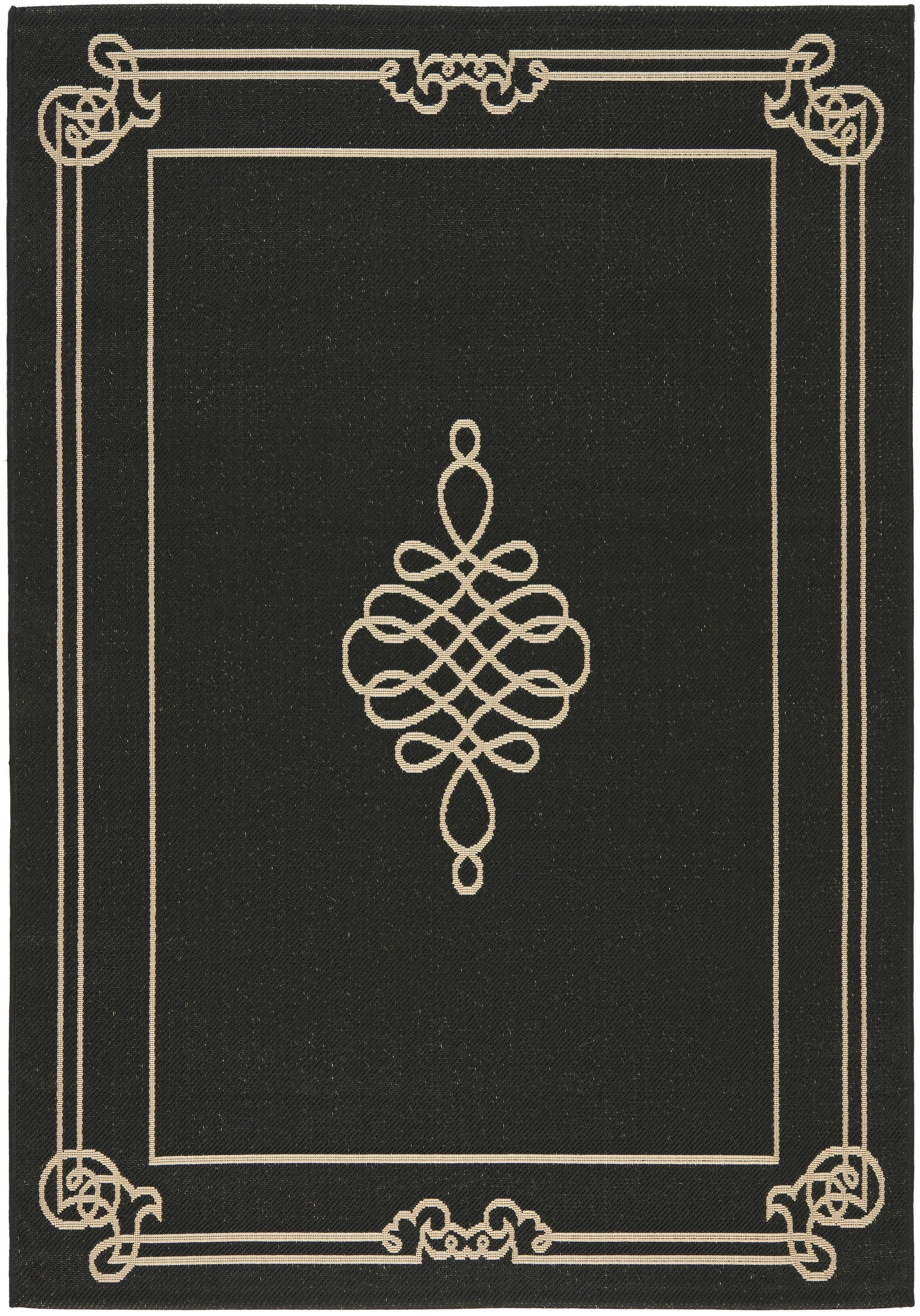 Black and Cream Rectangular Synthetic Indoor/Outdoor Rug