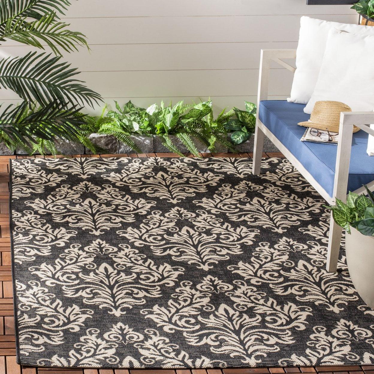 SAFAVIEH Courtyard Anna Damask Indoor/Outdoor Area Rug, 8' x 11', Black/Cream