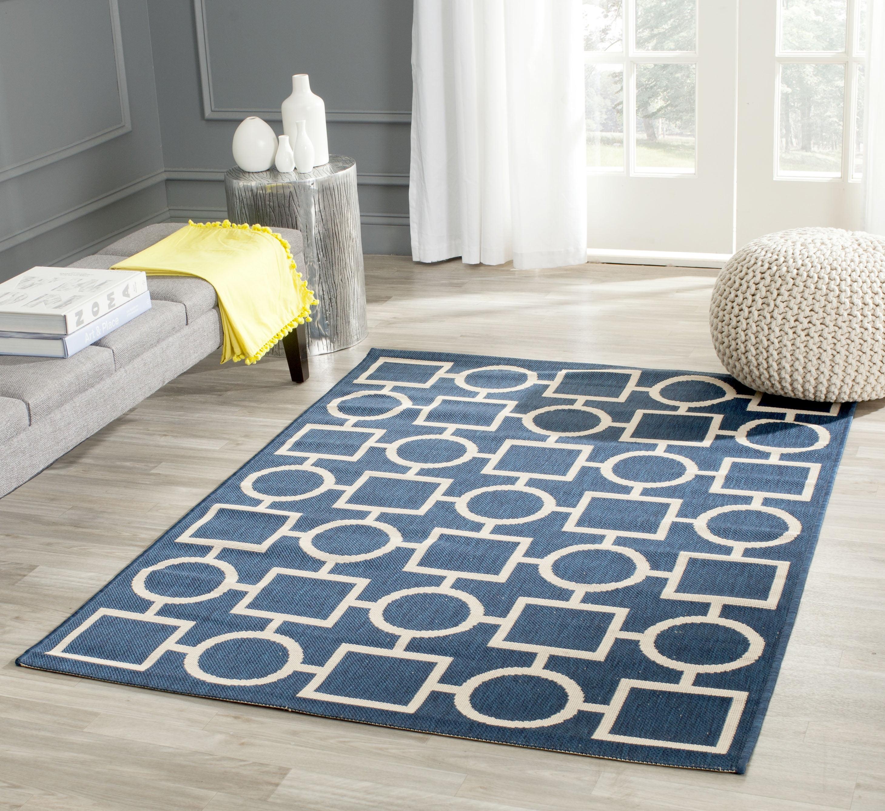 Navy and Beige Geometric Low Pile Outdoor Area Rug