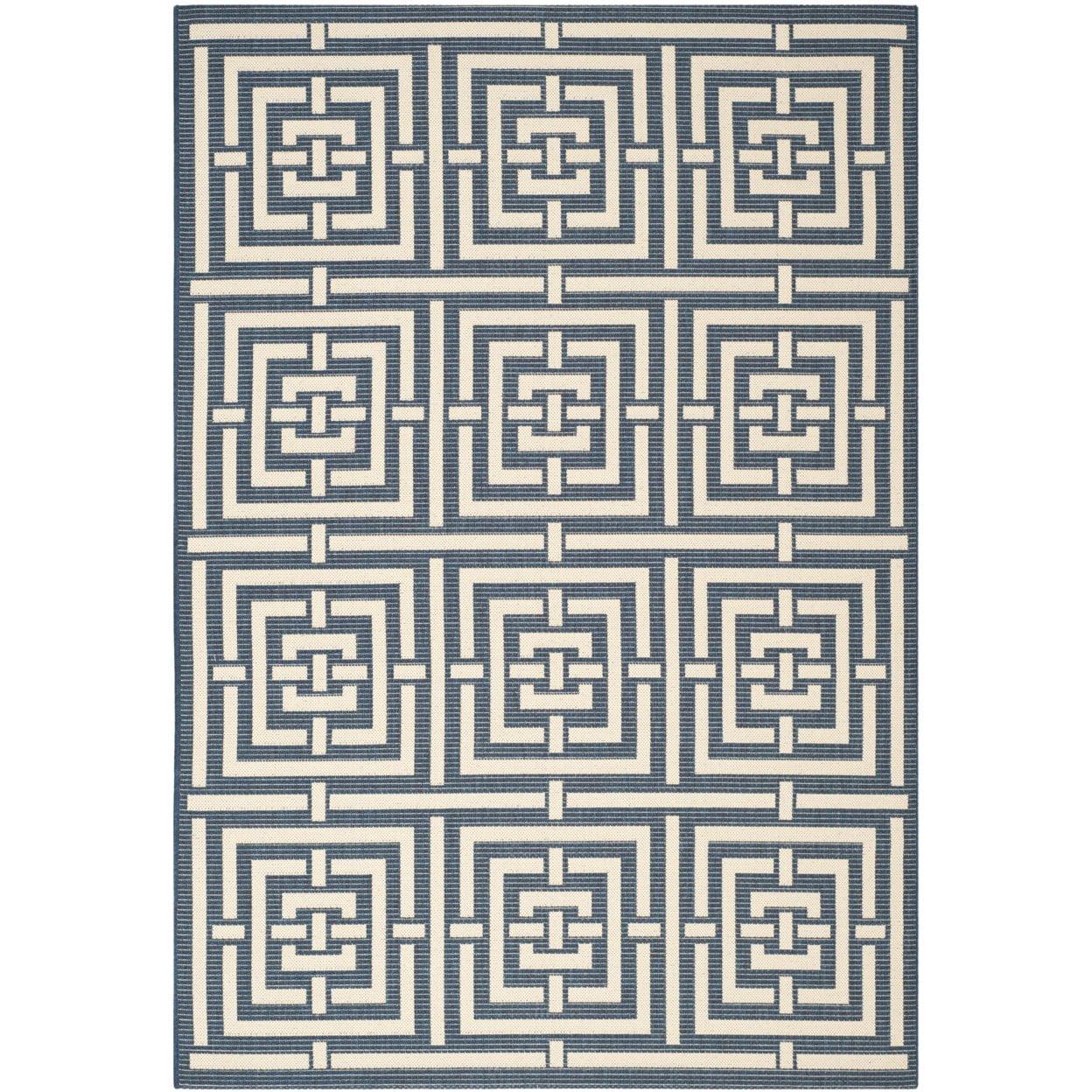 Navy and Beige Geometric Outdoor Area Rug