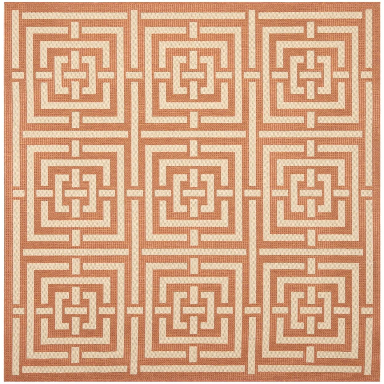 Terracotta and Cream Geometric Square Outdoor Area Rug