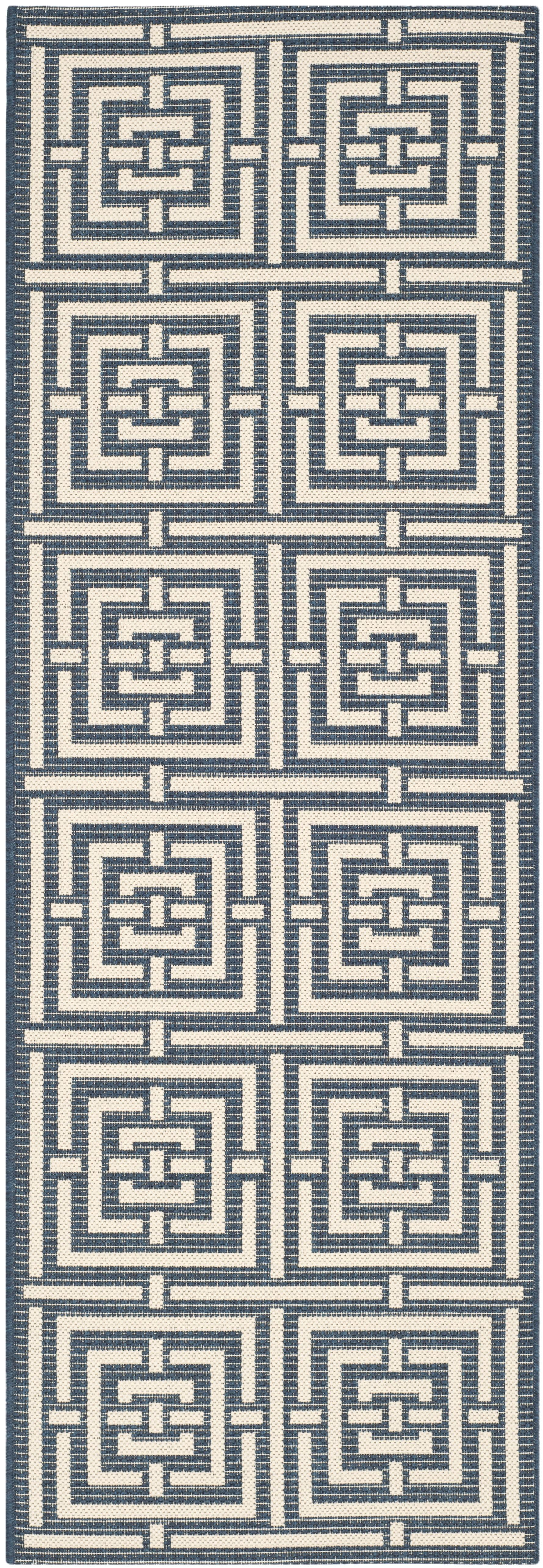 SAFAVIEH Courtyard Ariana Geometric Indoor/Outdoor Runner Rug, Navy/Beige, 2'3" x 10'