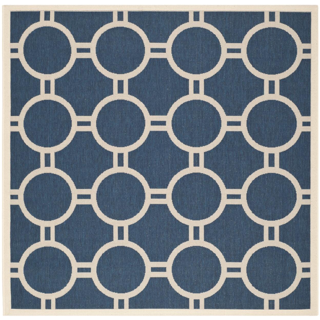 Navy and Beige Geometric Circle Indoor/Outdoor Area Rug, 6'7" Square