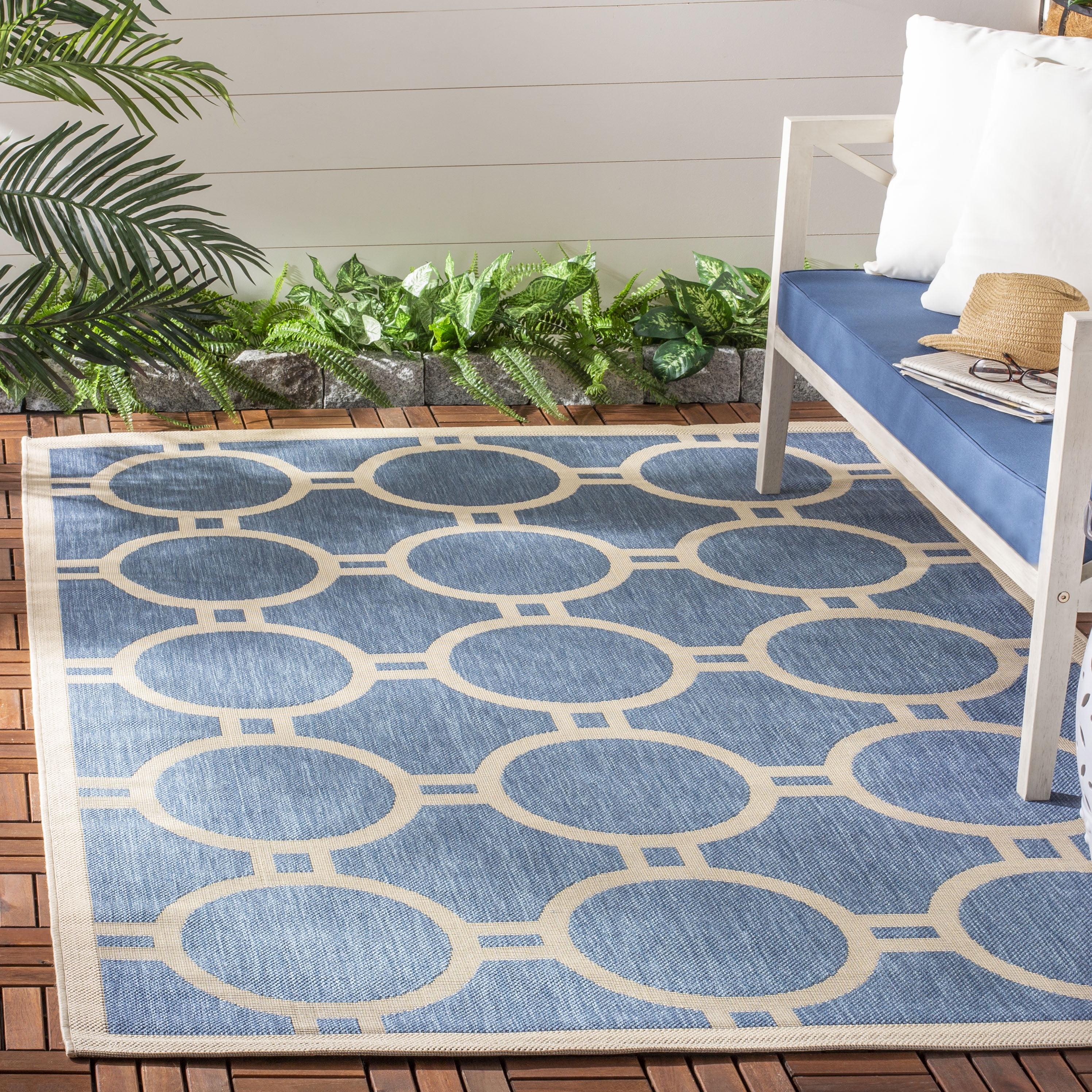 Courtyard Ariel Easy-Care Blue & Beige 7'10" Square Indoor/Outdoor Rug