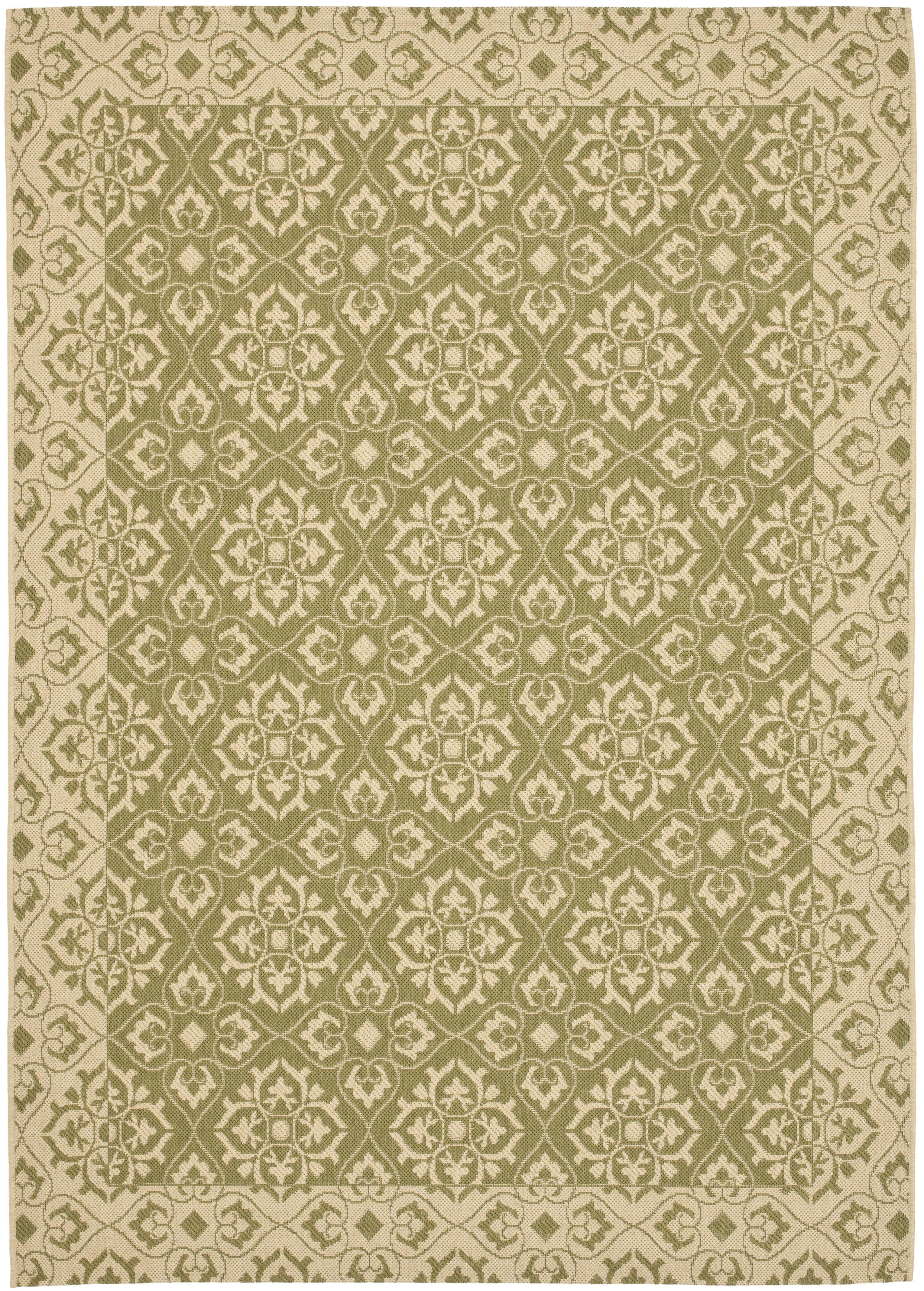 Green and Cream Floral Motif Rectangular Outdoor Area Rug