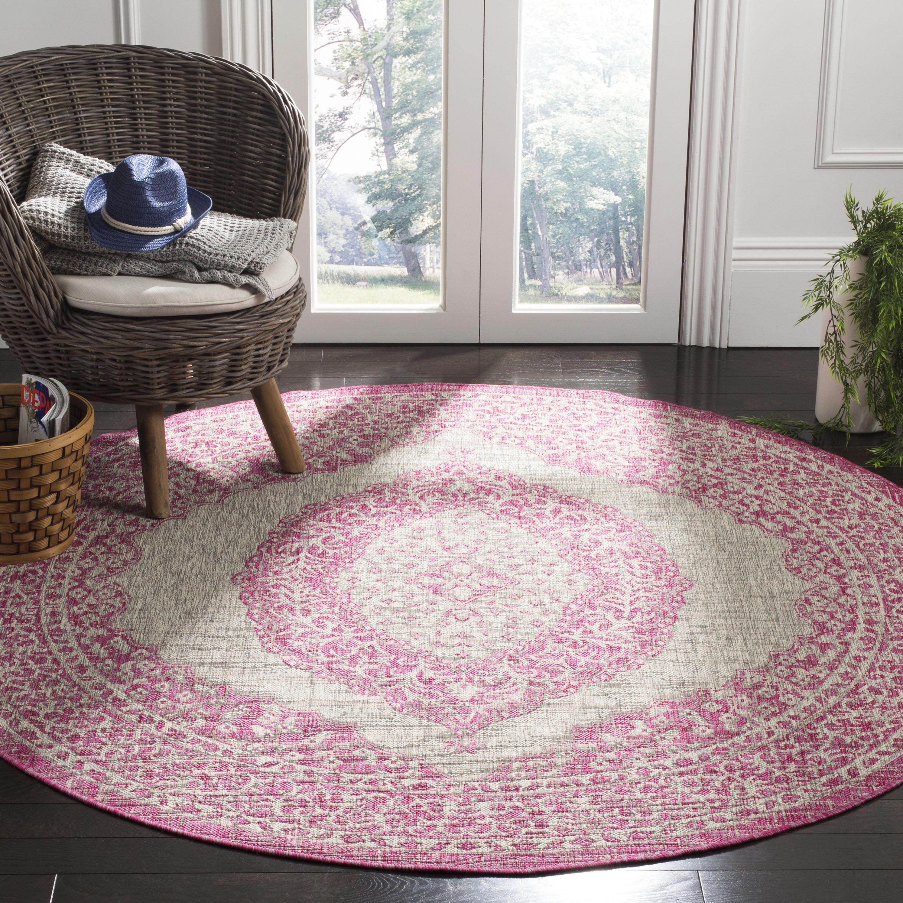 Round Light Grey and Fuchsia Synthetic Non-slip Rug