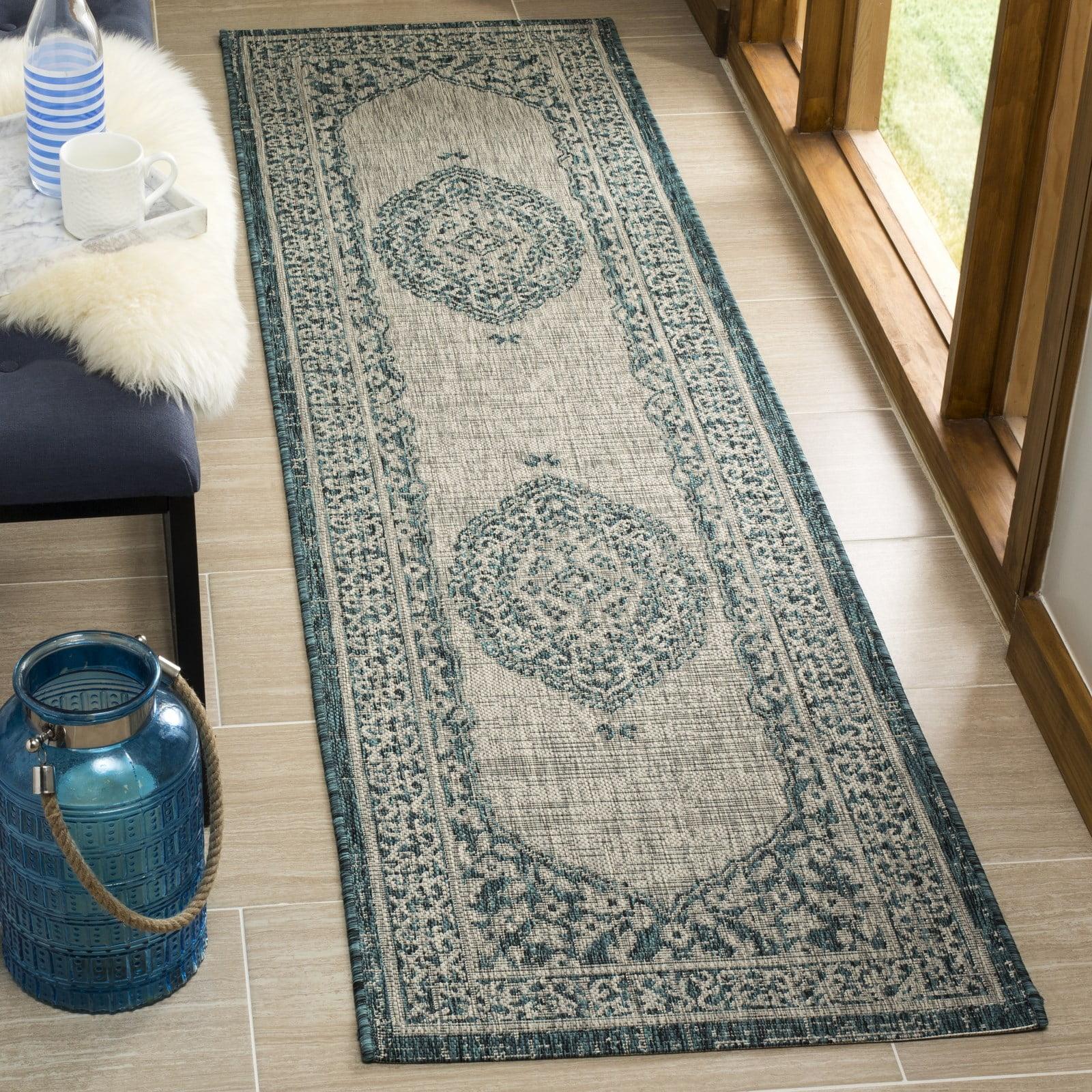 Light Grey/Teal Synthetic 27'' Easy-Care Indoor/Outdoor Runner Rug