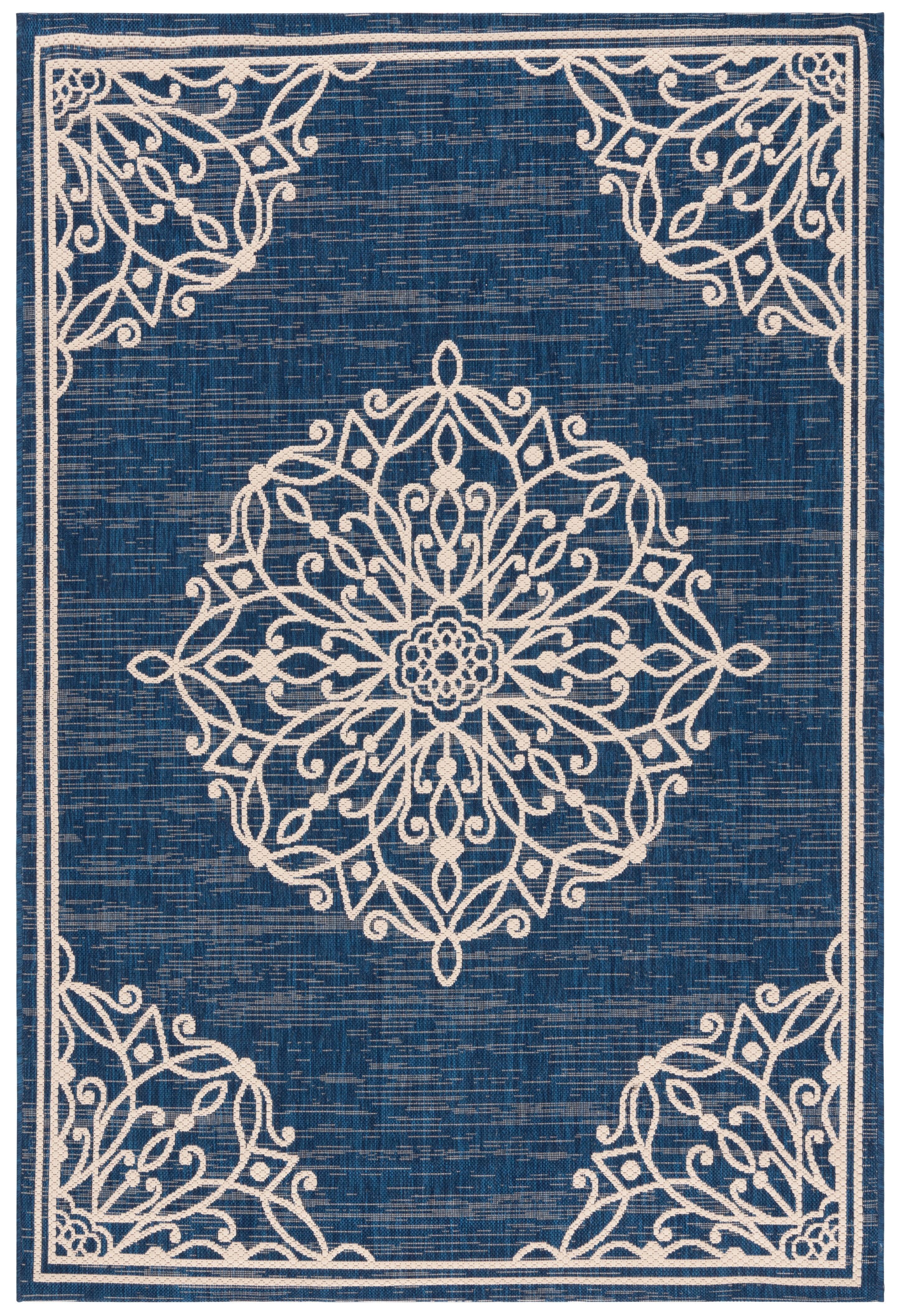 Navy and Beige Medallion Indoor/Outdoor Synthetic Rug