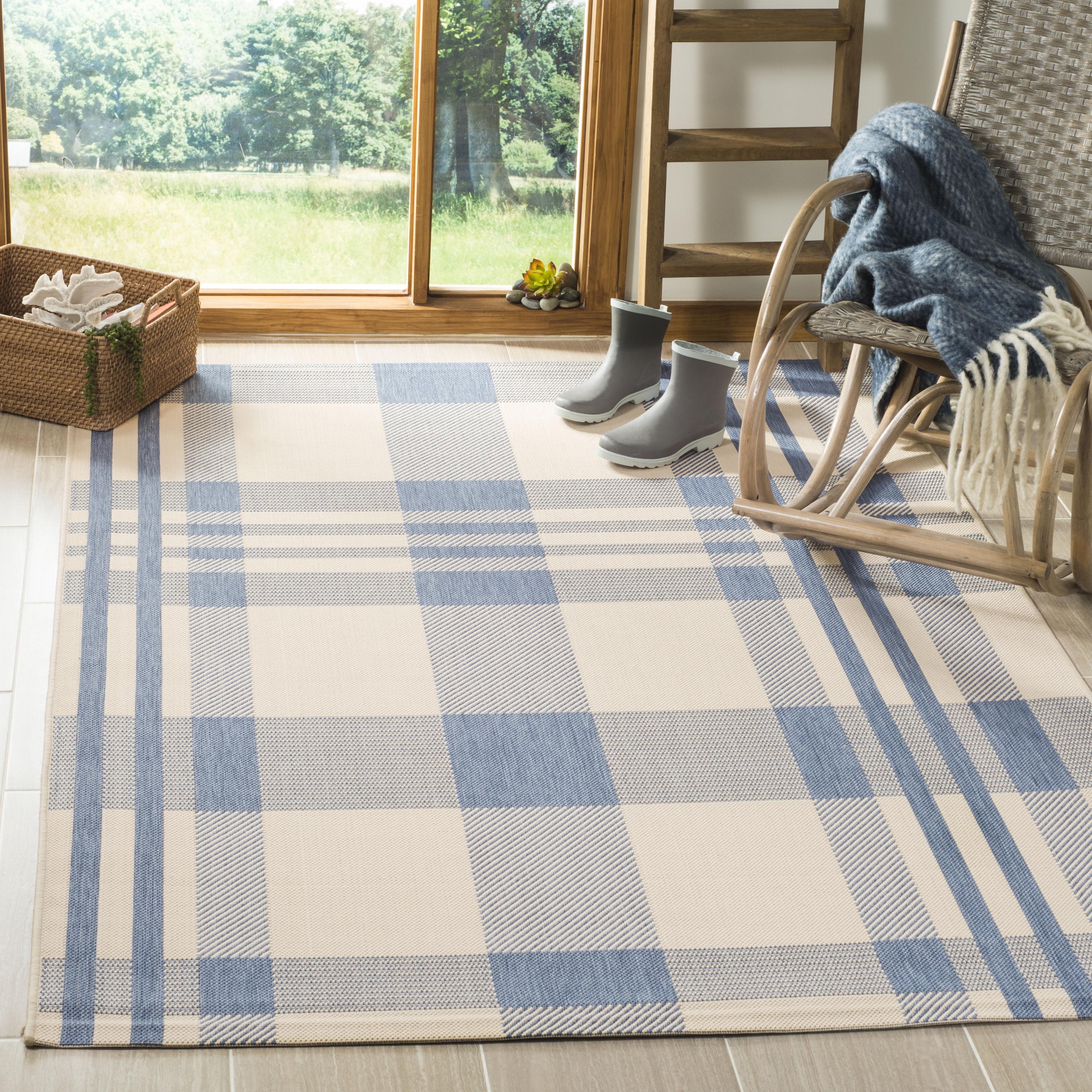 Beige and Blue Plaid Indoor/Outdoor Synthetic Rug