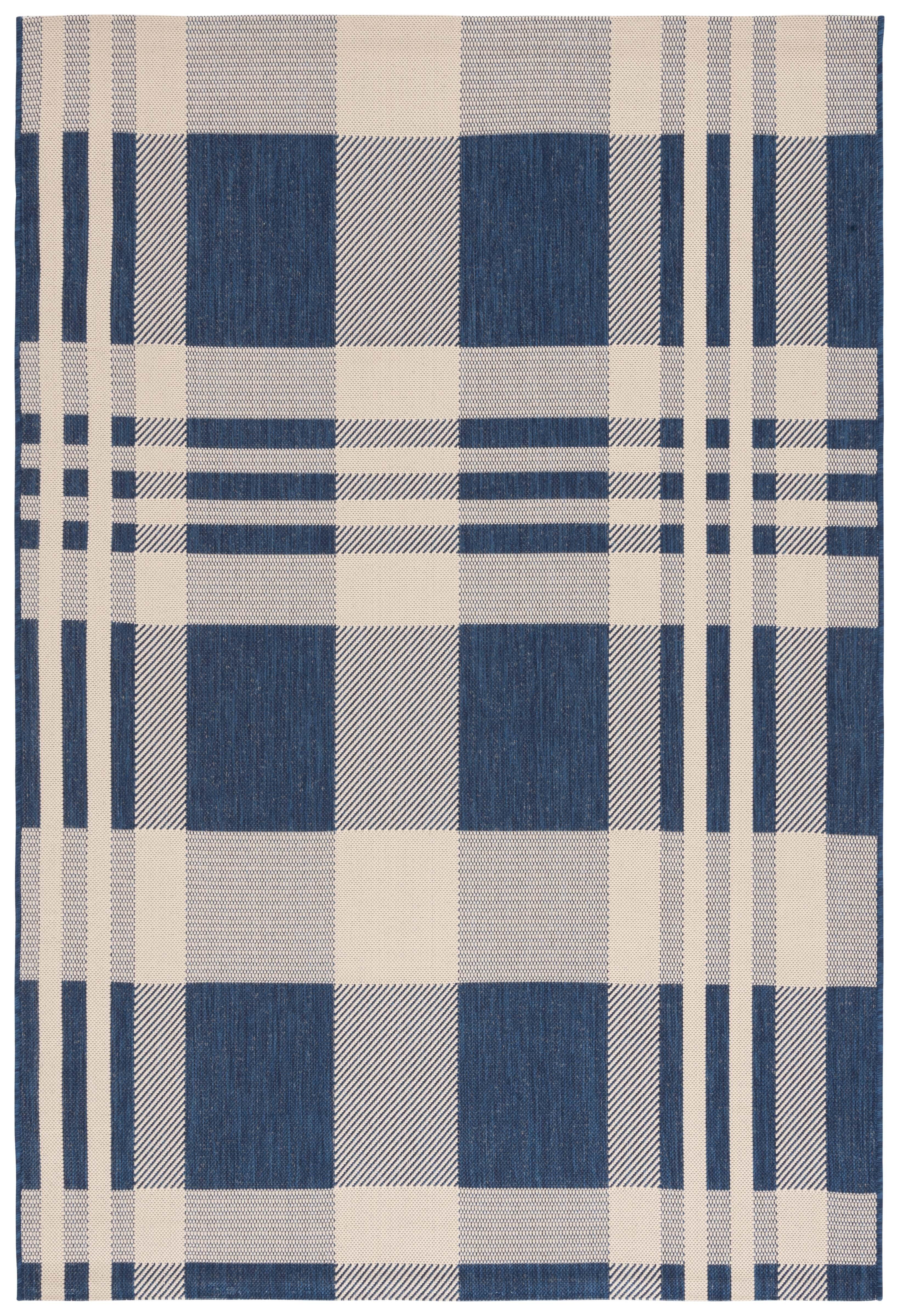 SAFAVIEH Courtyard Benjamin Plaid Indoor/Outdoor Area Rug, Navy/Beige, 4' x 5'7"