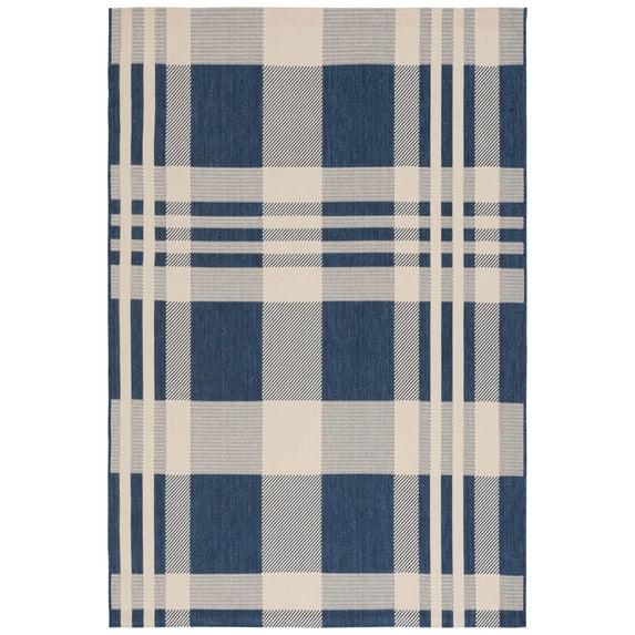 SAFAVIEH Courtyard Benjamin Plaid Indoor/Outdoor Area Rug, Navy/Beige, 4' x 5'7"