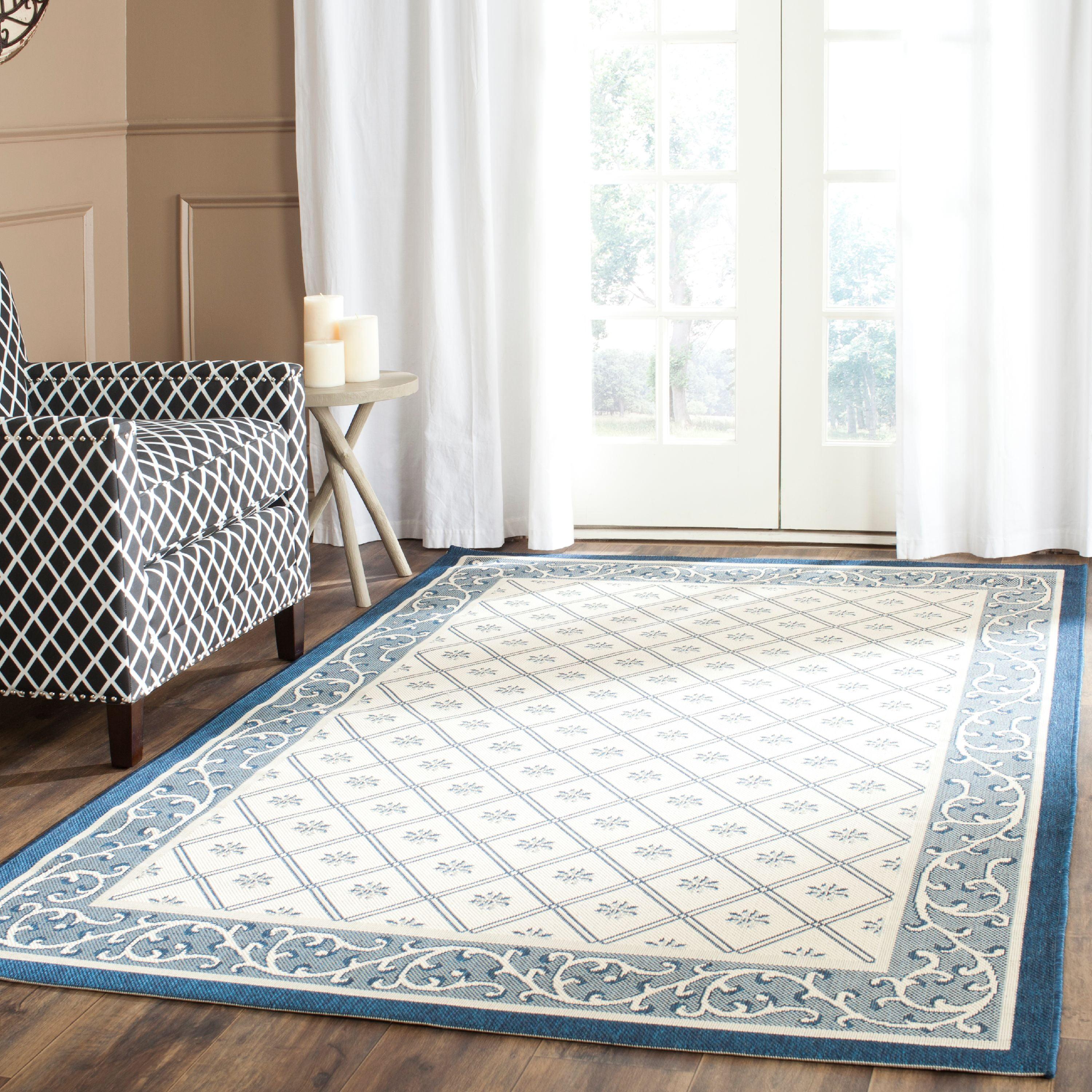 Beige and Navy Rectangular Stain-Resistant Synthetic Rug