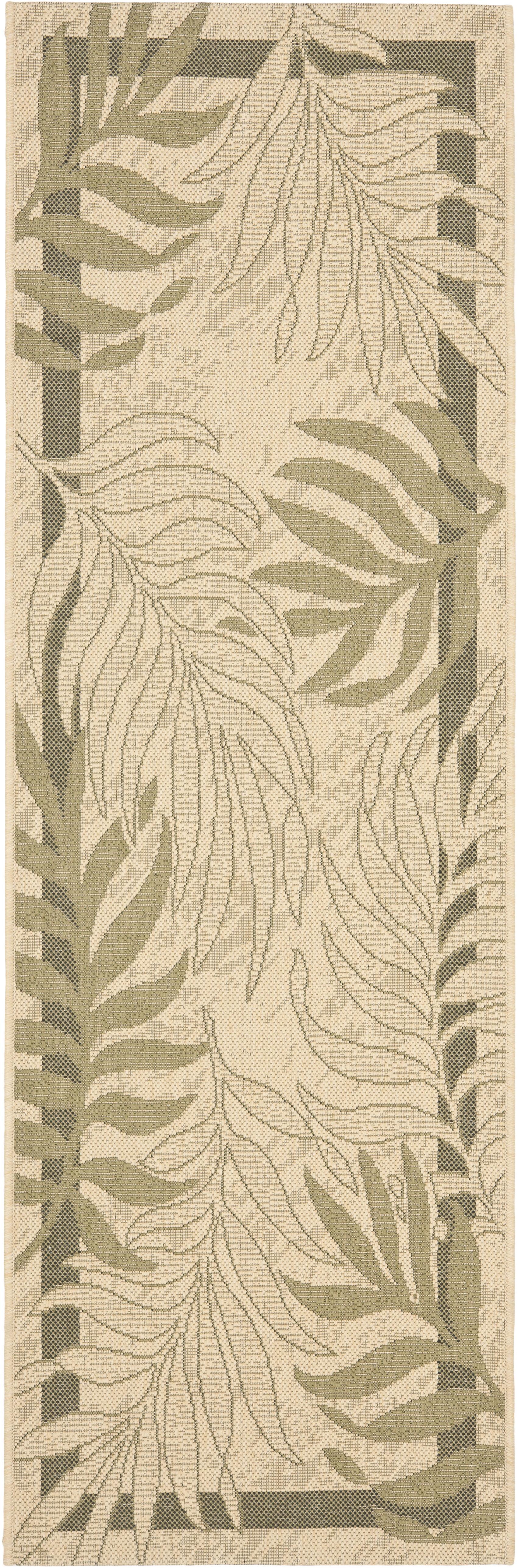 Beige and Green Tropical Outdoor Runner Rug