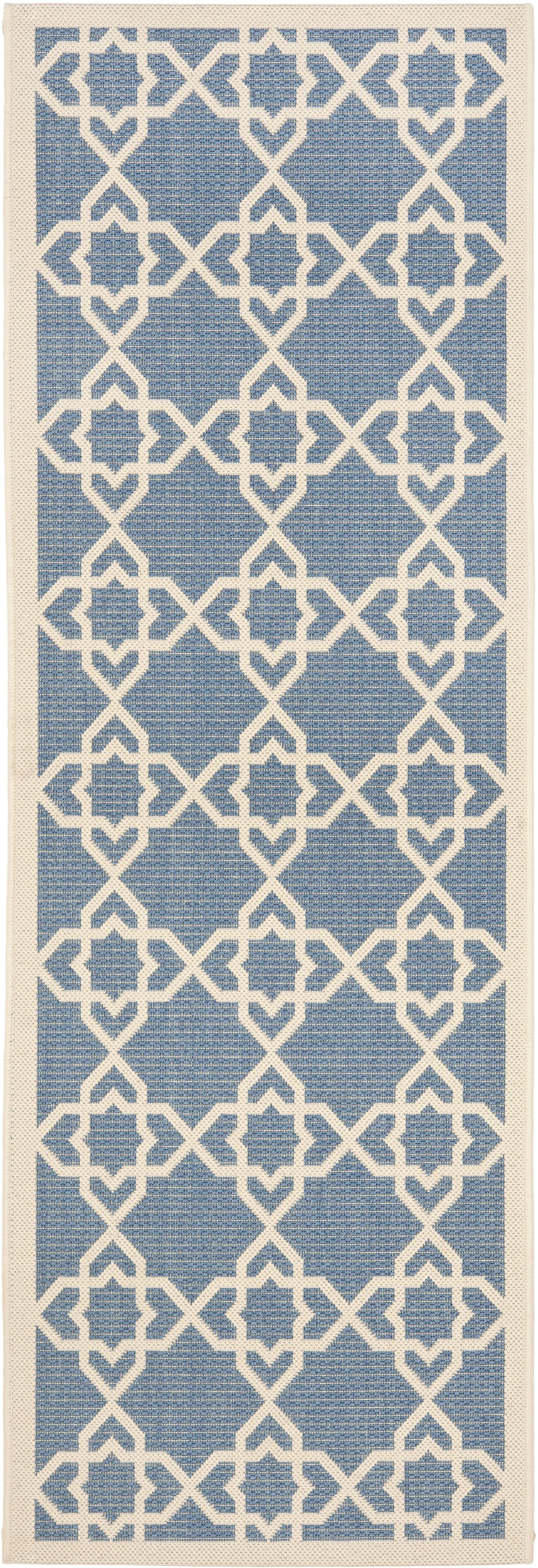 Reversible Easy-Care Blue Synthetic 2'3" x 12' Runner Rug