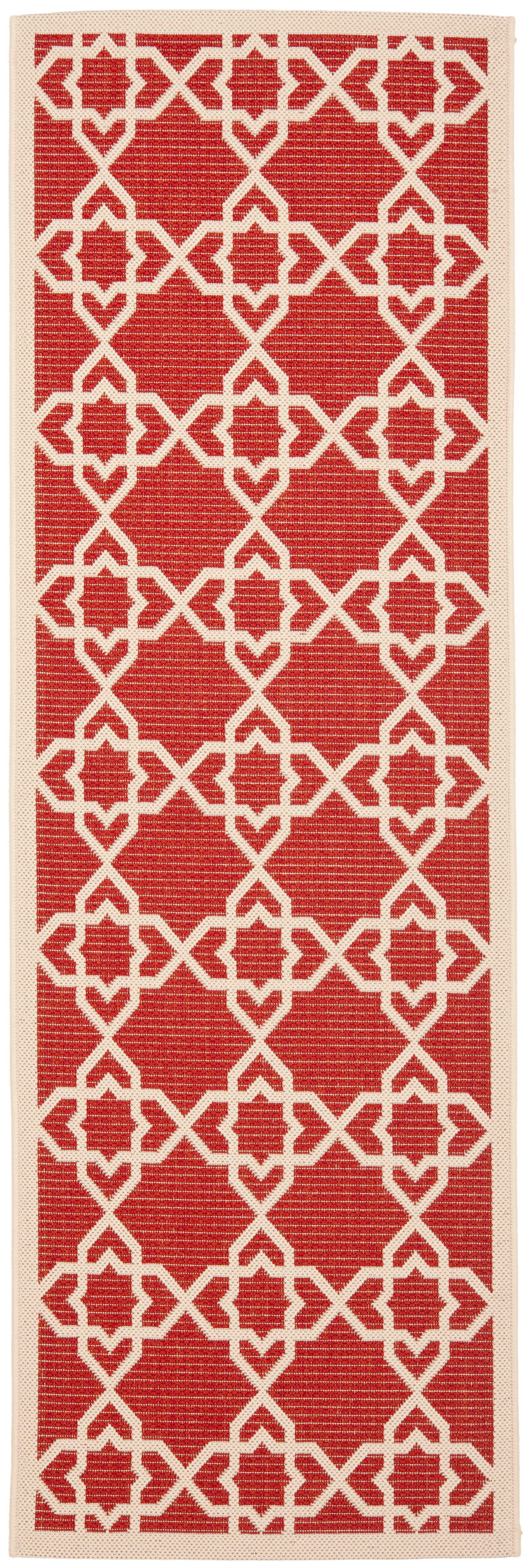 SAFAVIEH Courtyard Carol Geometric Indoor/Outdoor Runner Rug, 2'3" x 6'7", Red/Beige