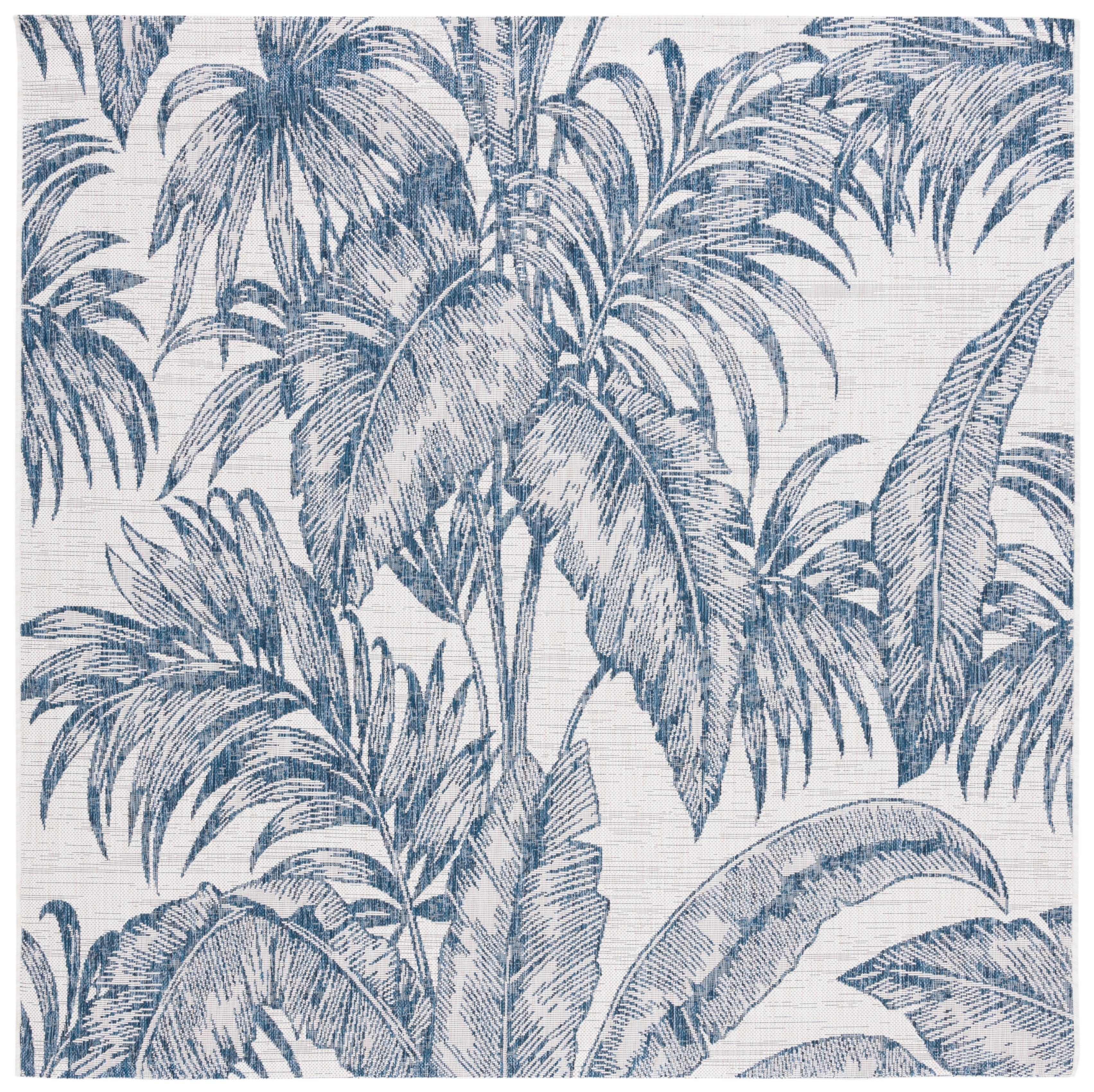 Ivory and Navy Square Botanical Indoor/Outdoor Rug