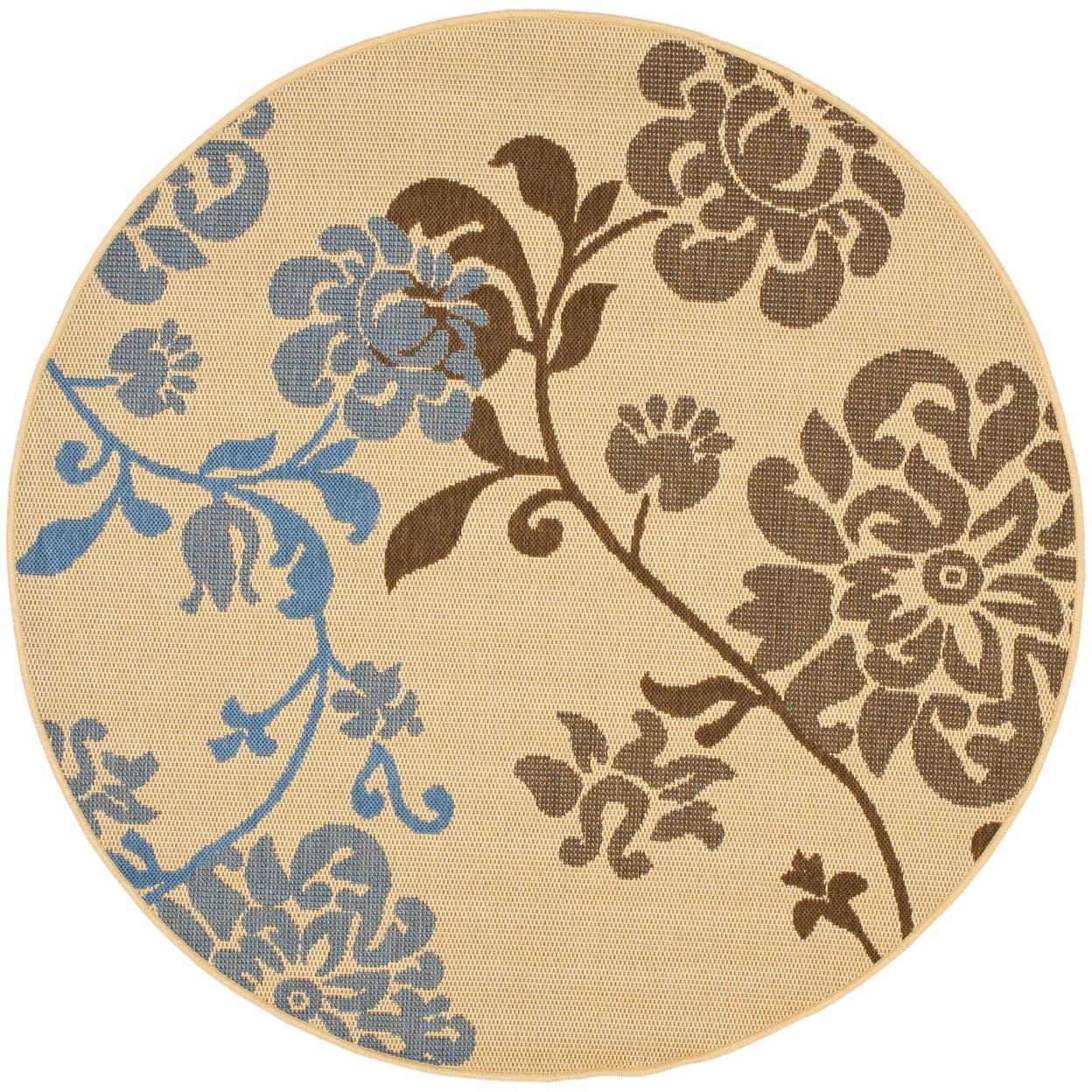 Natural Brown and Blue Floral Synthetic Round Rug