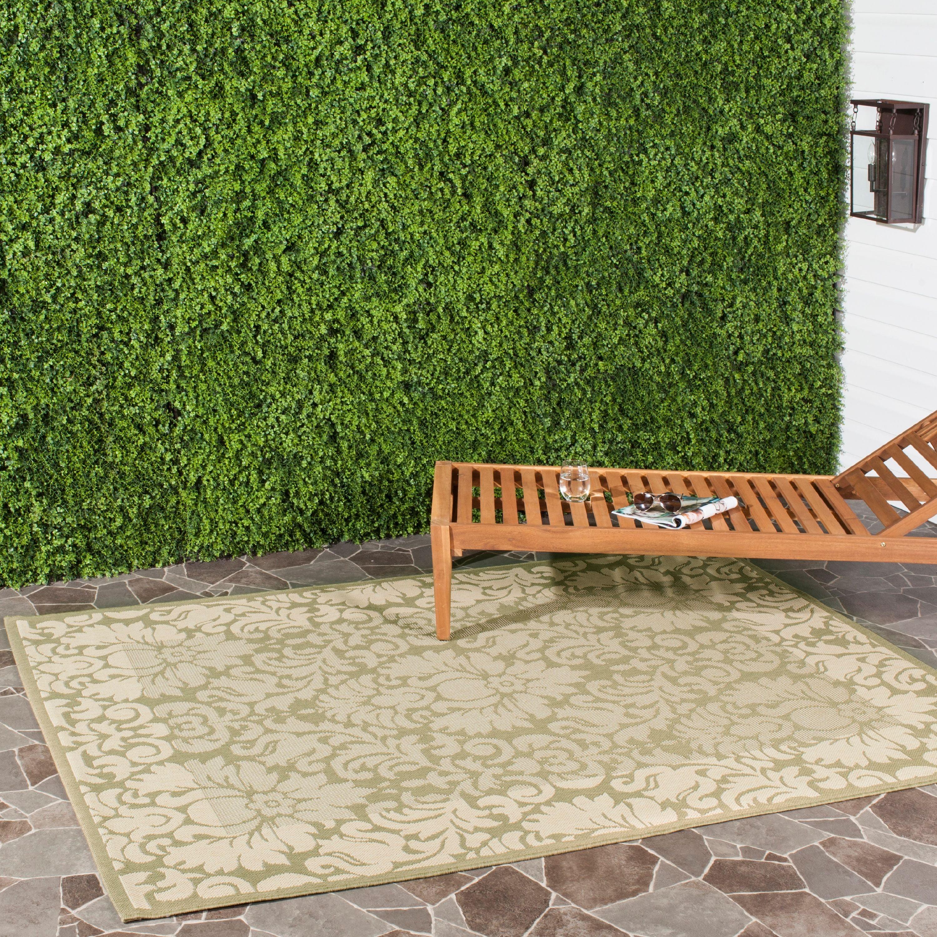 SAFAVIEH Courtyard Dani Damask Bordered Indoor/Outdoor Area Rug, 6'7" x 6'7" Square, Olive/Natural